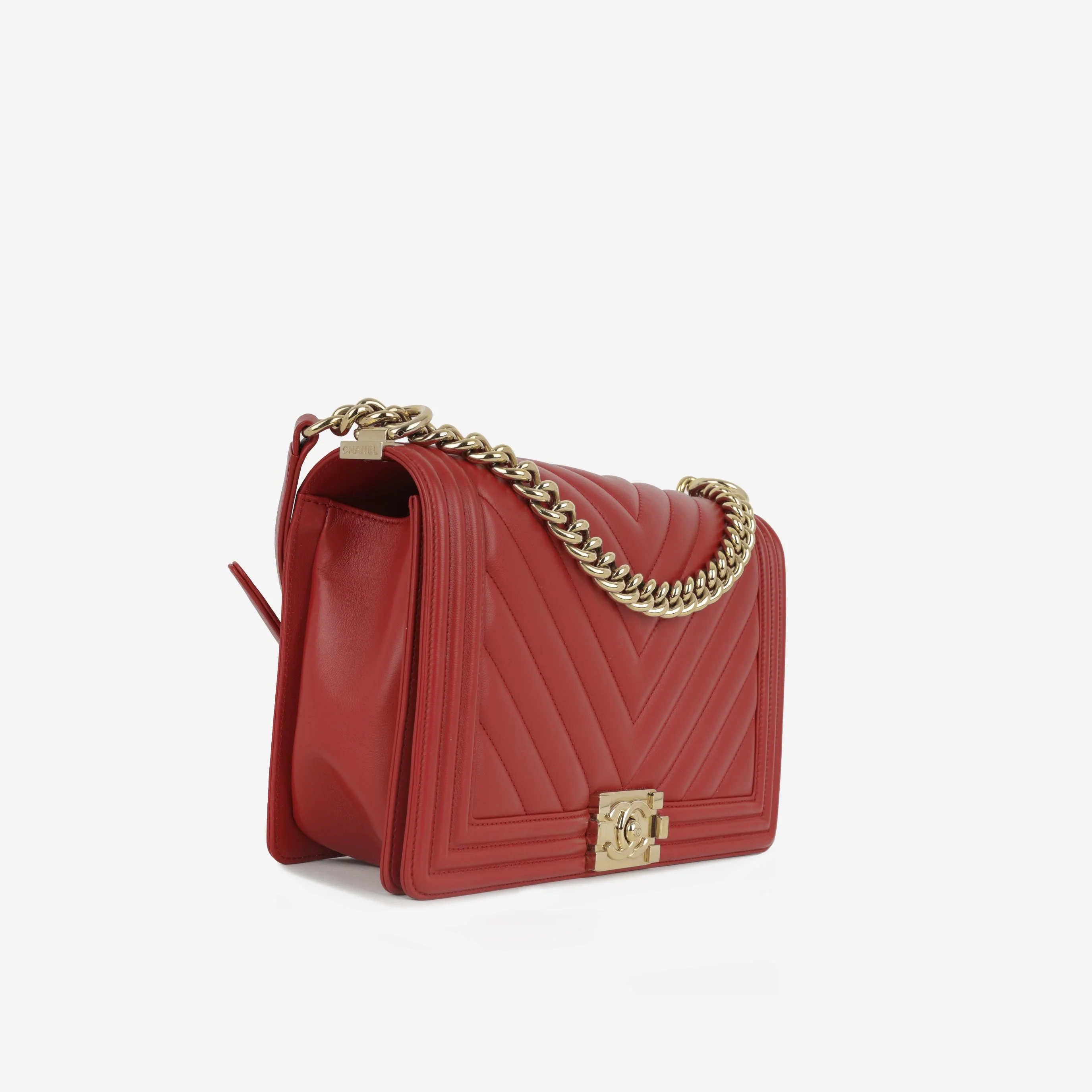 Chanel New Medium Boy Bag - Red Chevron Lambskin | Champagne Gold Hardware - Image 2