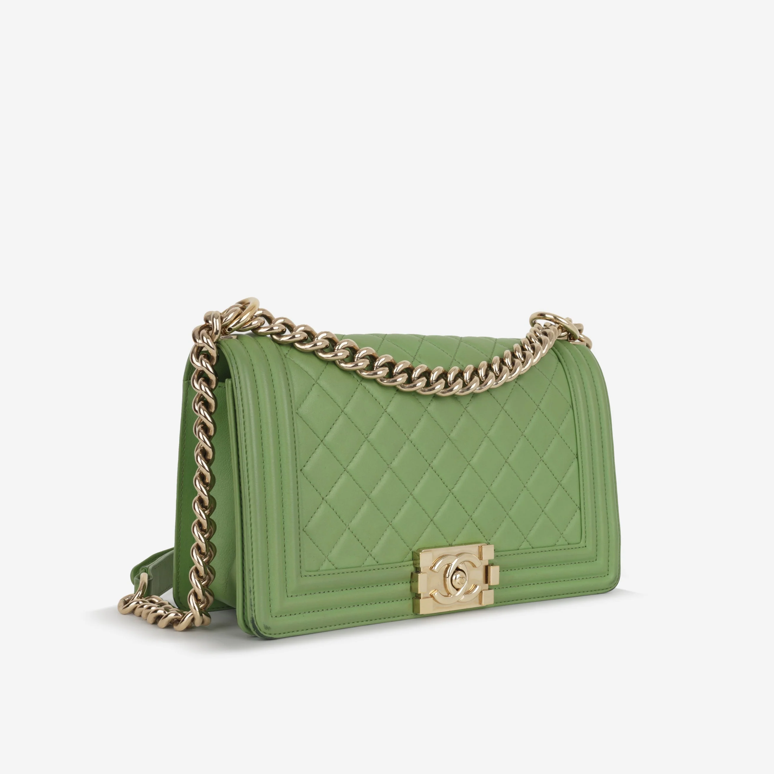 Chanel Old Medium Boy Bag - Green Quilted Lambskin | Champagne Gold Hardware - Image 2