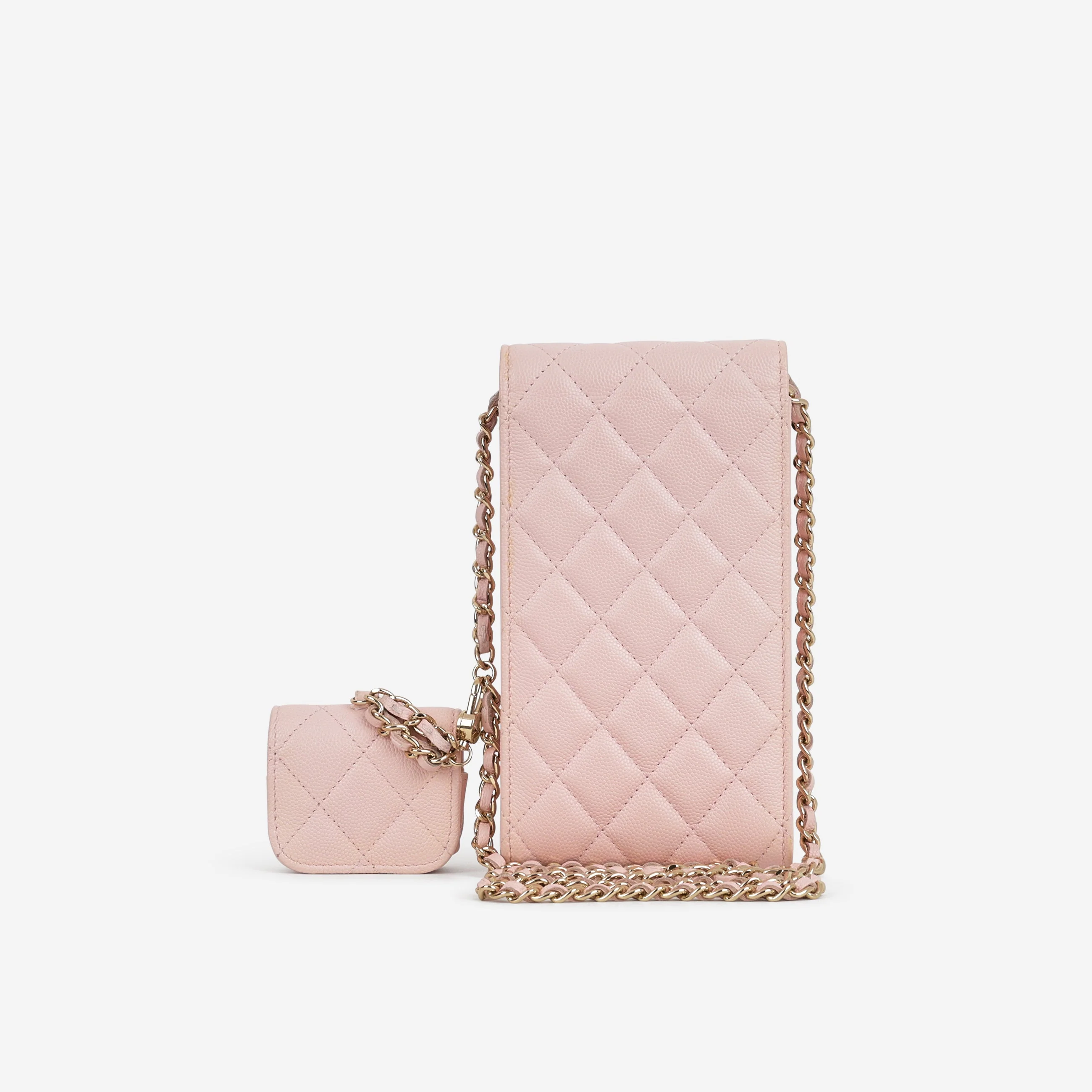 Chanel Phone Holder & Airpod Case - Pale Pink Caviar | Champagne Gold Hardware - Image 4