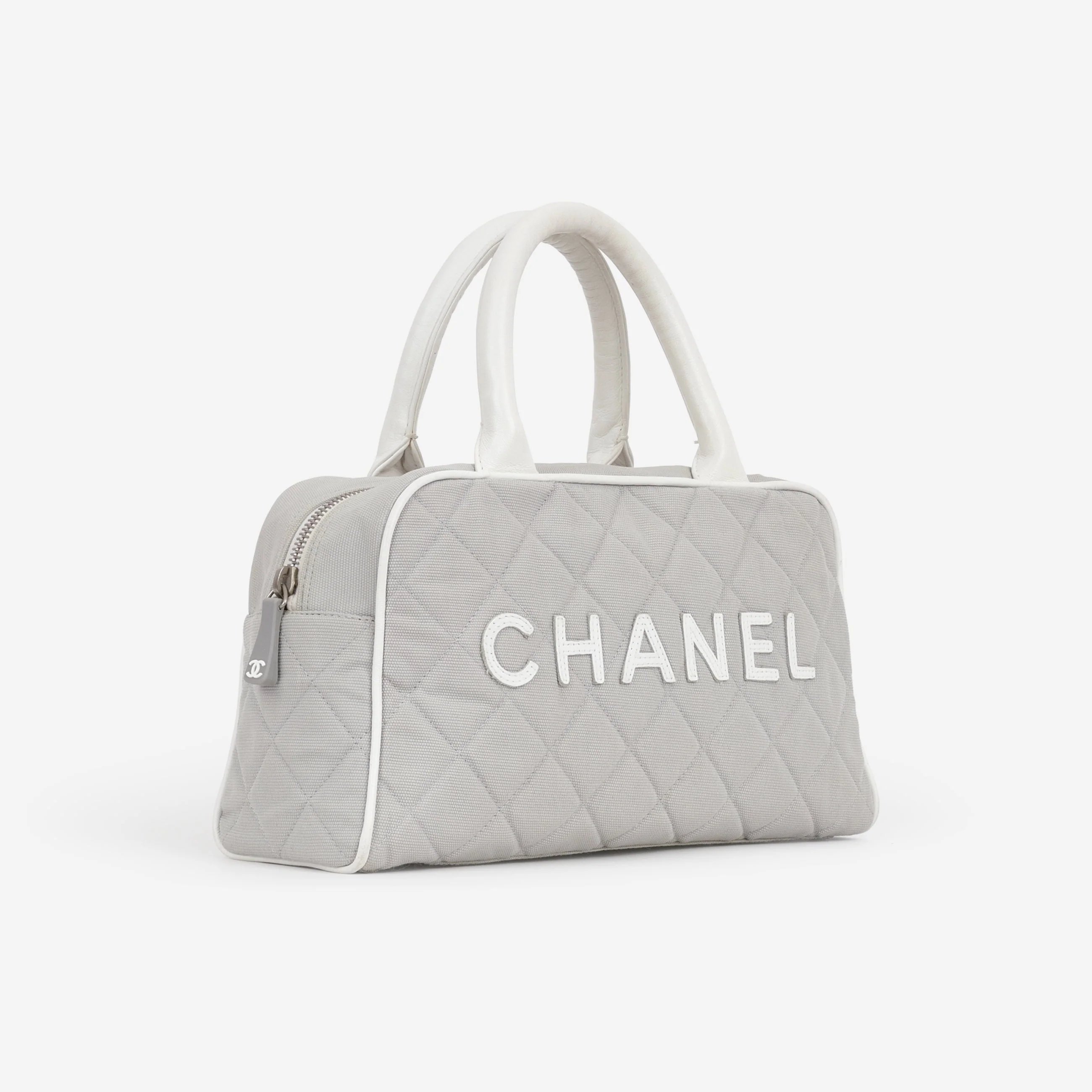 Chanel Vintage Mini Boston Bowling Bag - Grey Canvas | Silver Hardware - Image 2