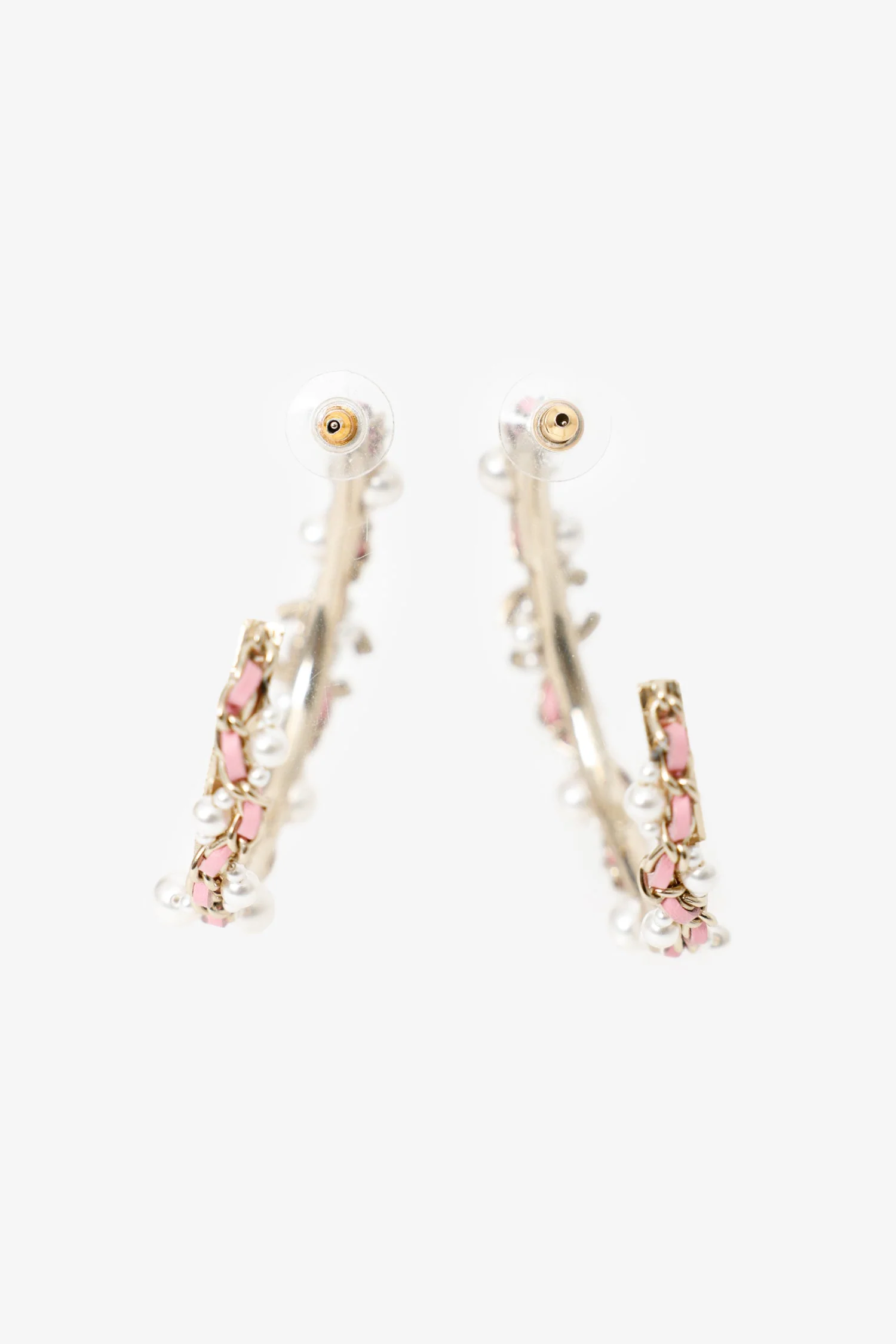 Chanel Silver Tone Pink Leather Chain CC Pearl Hoop Earrings - Image 5
