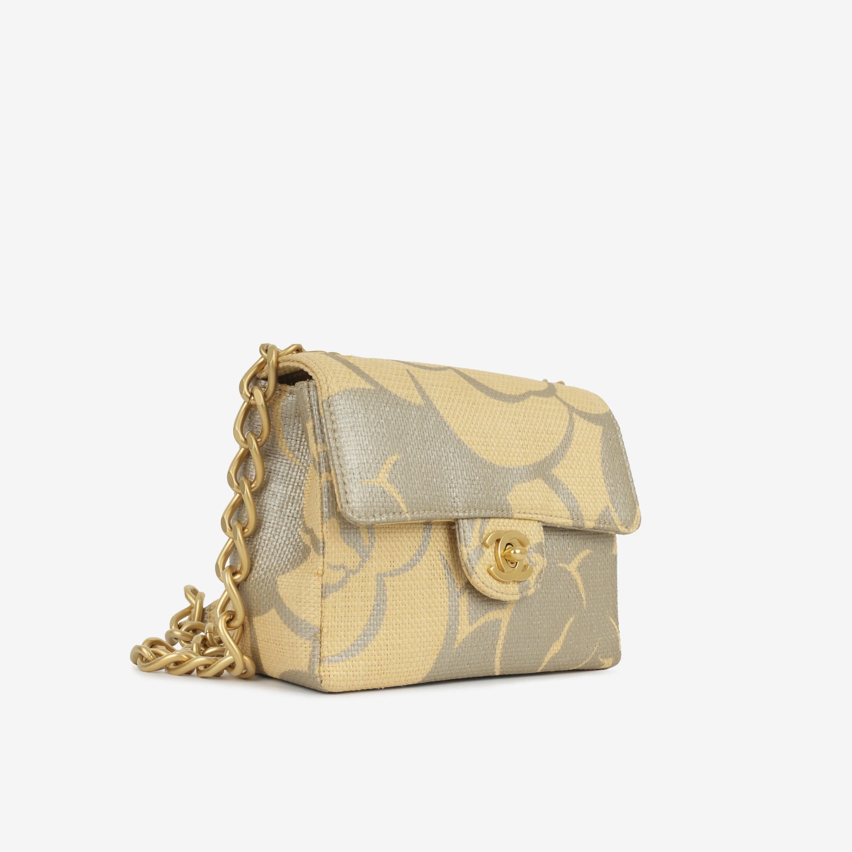 Chanel Vintage Mini Square - Beige Camellia Raffia | Antique Gold Hardware - Image 2