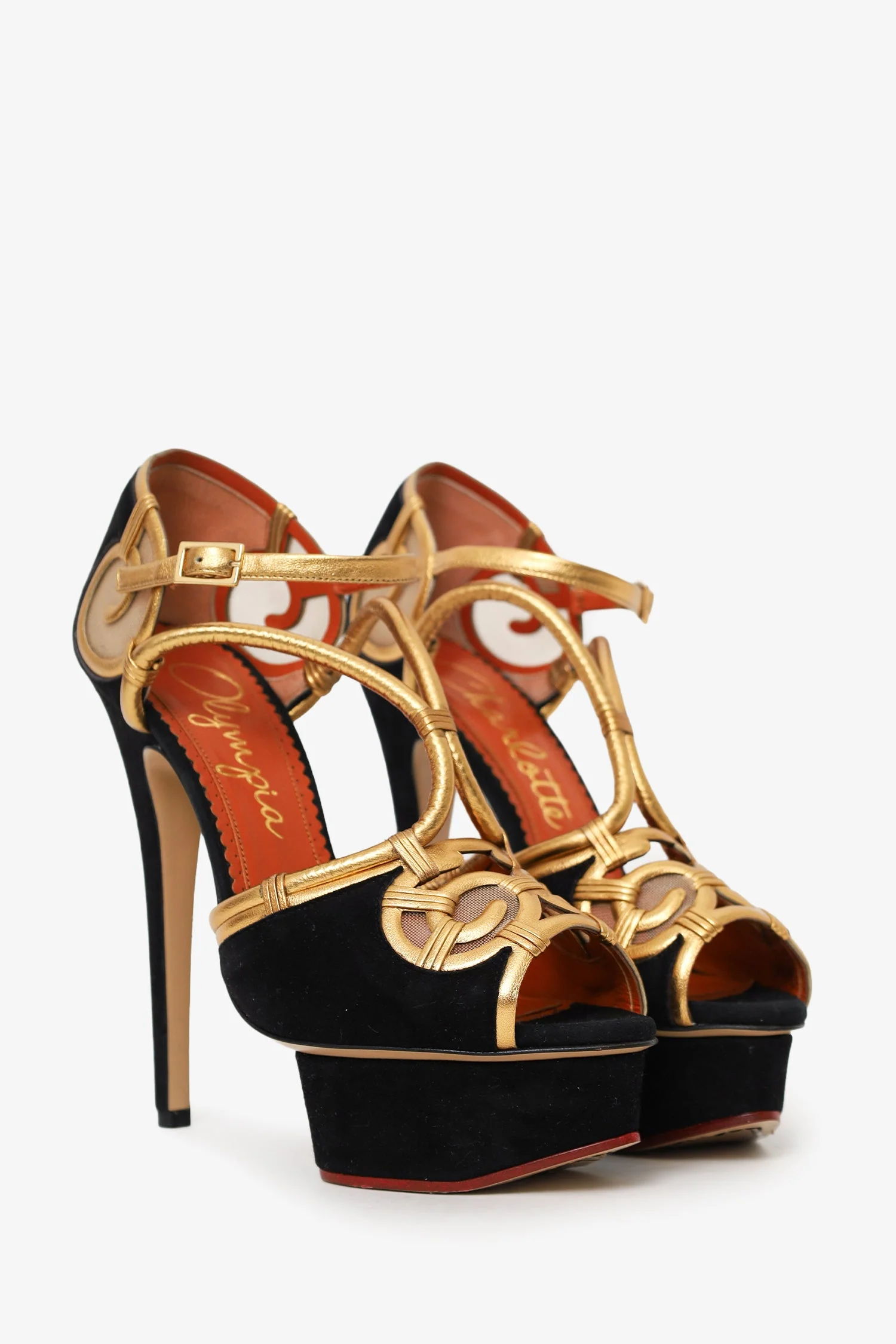 Charlotte Olympia Black Suede/Gold Platform Sandals Size 38 - Image 2