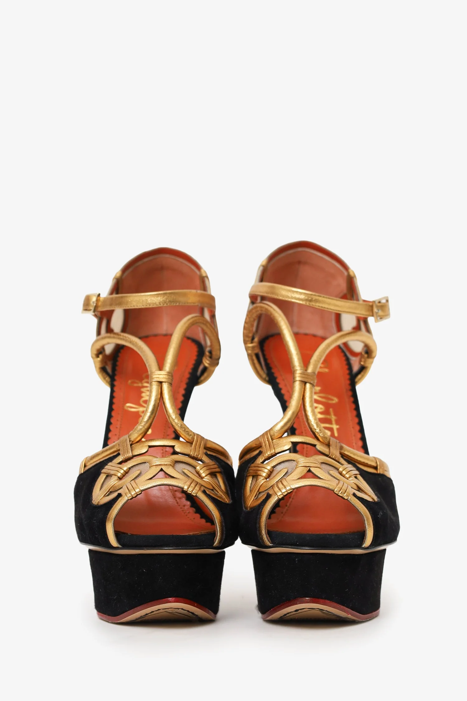 Charlotte Olympia Black Suede/Gold Platform Sandals Size 38 - Image 3