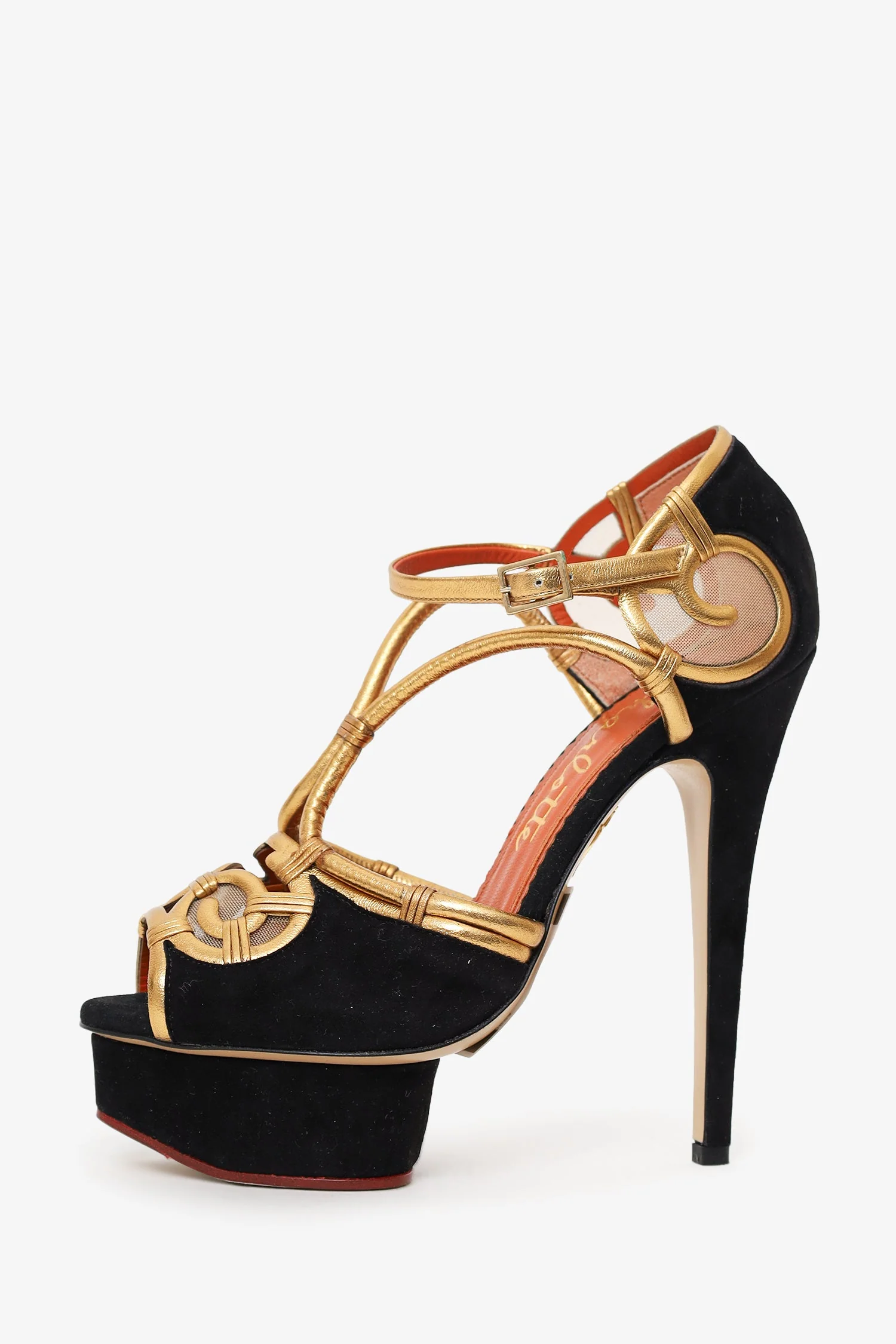 Charlotte Olympia Black Suede/Gold Platform Sandals Size 38 - Image 4