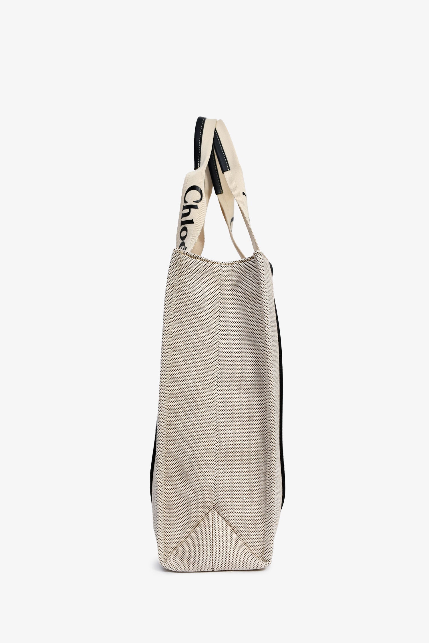 Chloe Beige Fabric Black Leather Trim Logo Woody Large Tote - Image 3