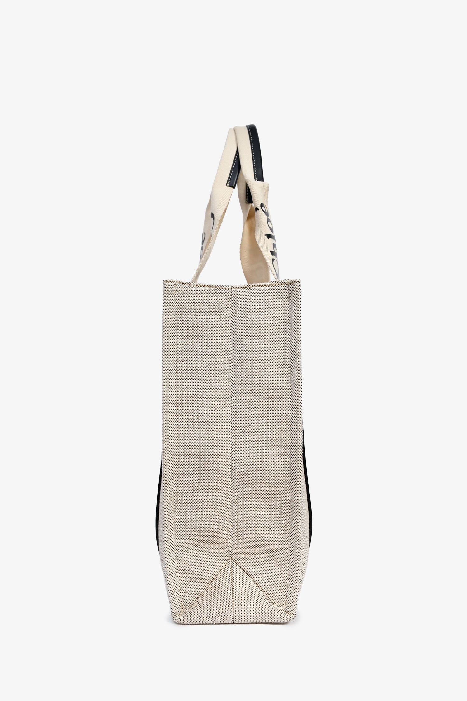 Chloe Beige Fabric Black Leather Trim Logo Woody Large Tote - Image 4