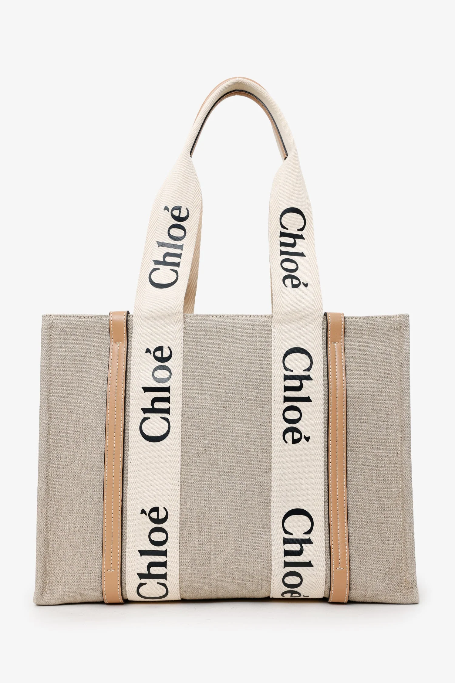 Chloe Beige Fabric Leather Trim Logo Woody Large Tote - Image 2