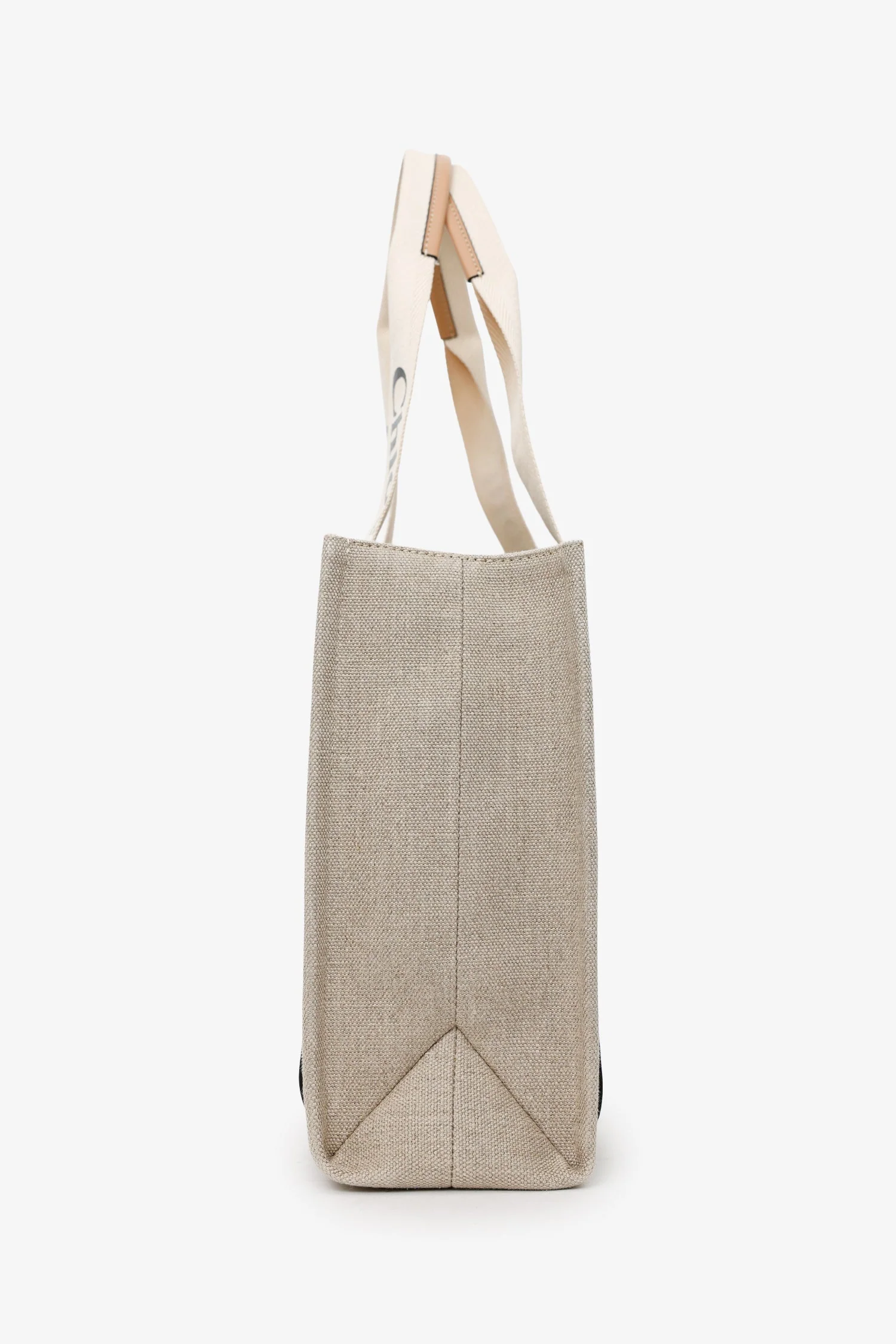 Chloe Beige Fabric Leather Trim Logo Woody Large Tote - Image 4