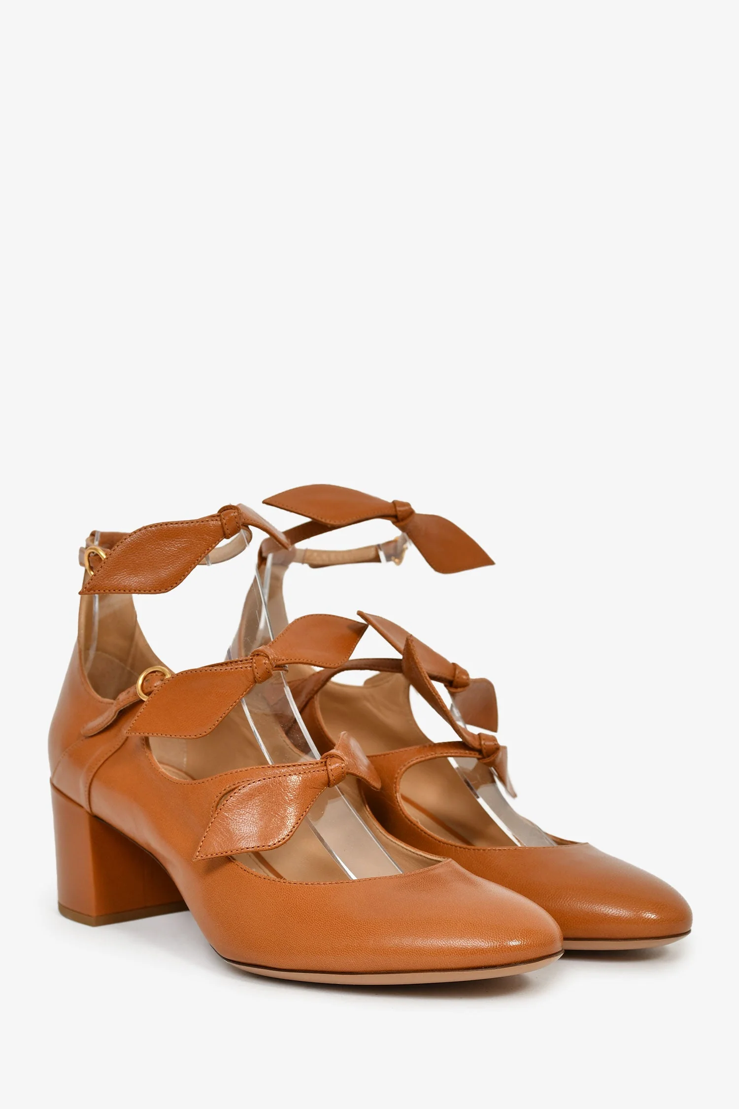 Chloe Brown Leather Bow Detail Block Heels Size 37 - Image 2
