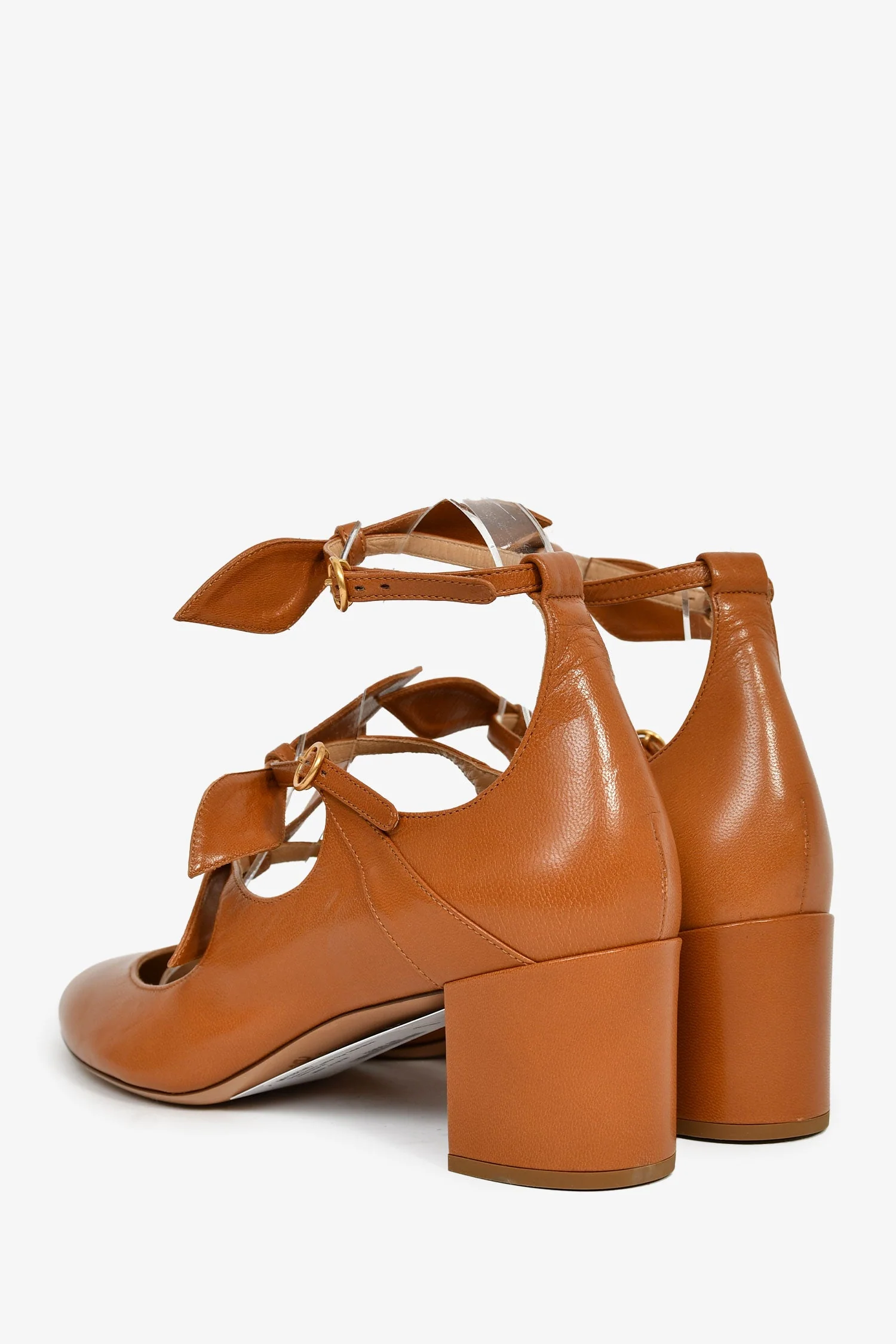 Chloe Brown Leather Bow Detail Block Heels Size 37 - Image 4
