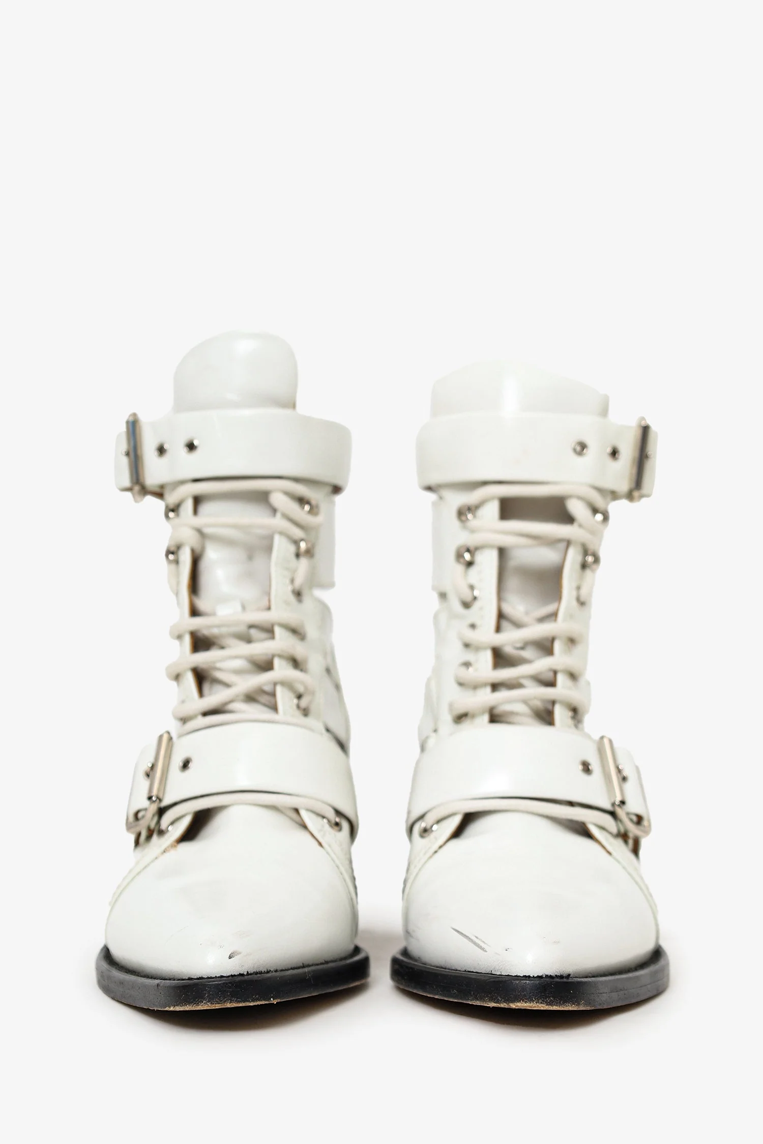 Chloe White Patent Leather Pointed Cut-Out Buckle Detail Block Heel Boots Size 36 - Image 3