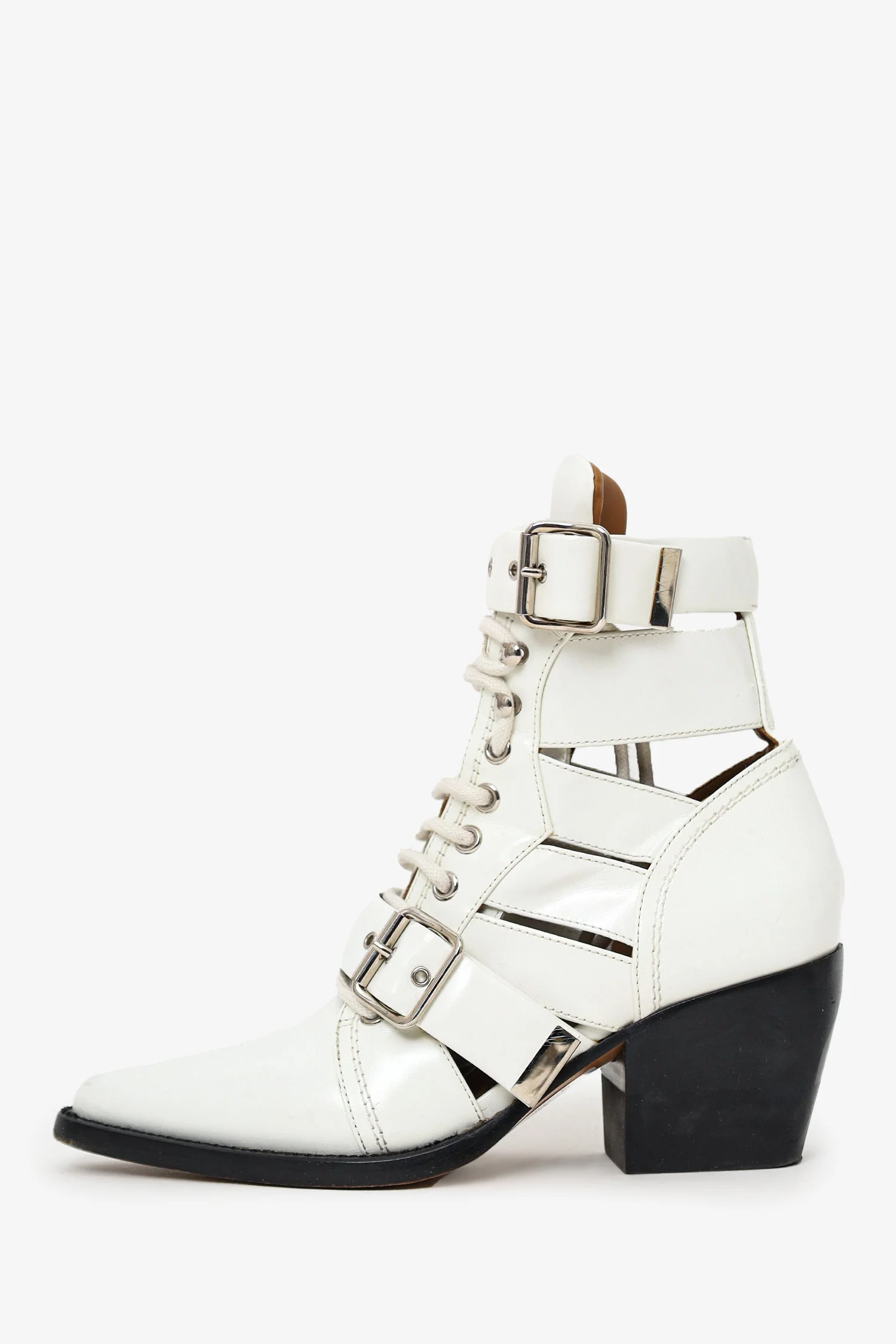 Chloe White Patent Leather Pointed Cut-Out Buckle Detail Block Heel Boots Size 36 - Image 4