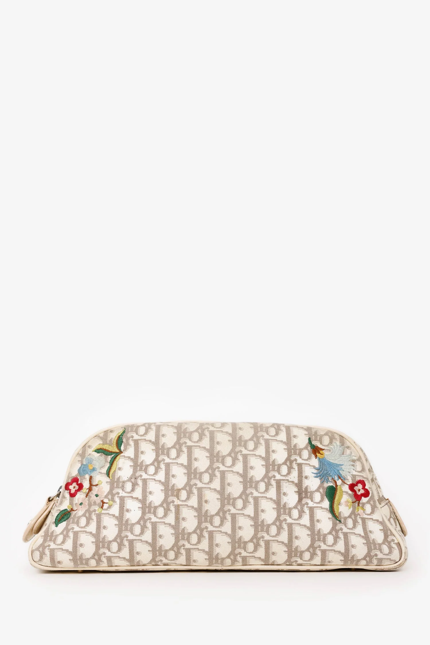 Christian Dior 2005 Beige/Cream Canvas Floral Embroidered Oblique Pouch