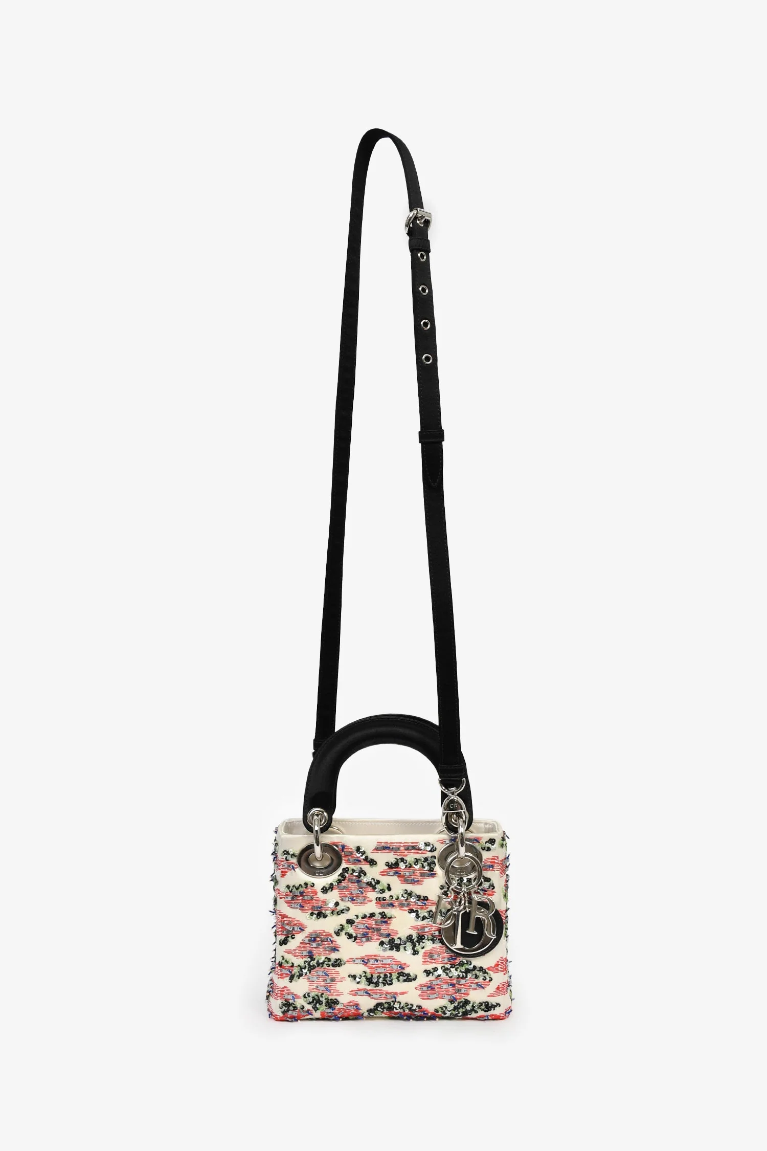 Christian Dior 2014 Cream Satin Multi Sequin Mini Lady Dior Top Handle with Strap - Image 7