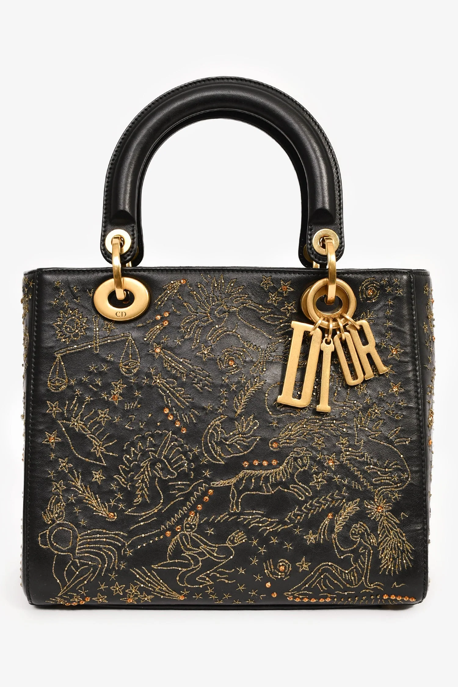 Christian Dior 2017 Black Leather Zodiac Embroidered Medium Lady D-Lite Bag with Strap