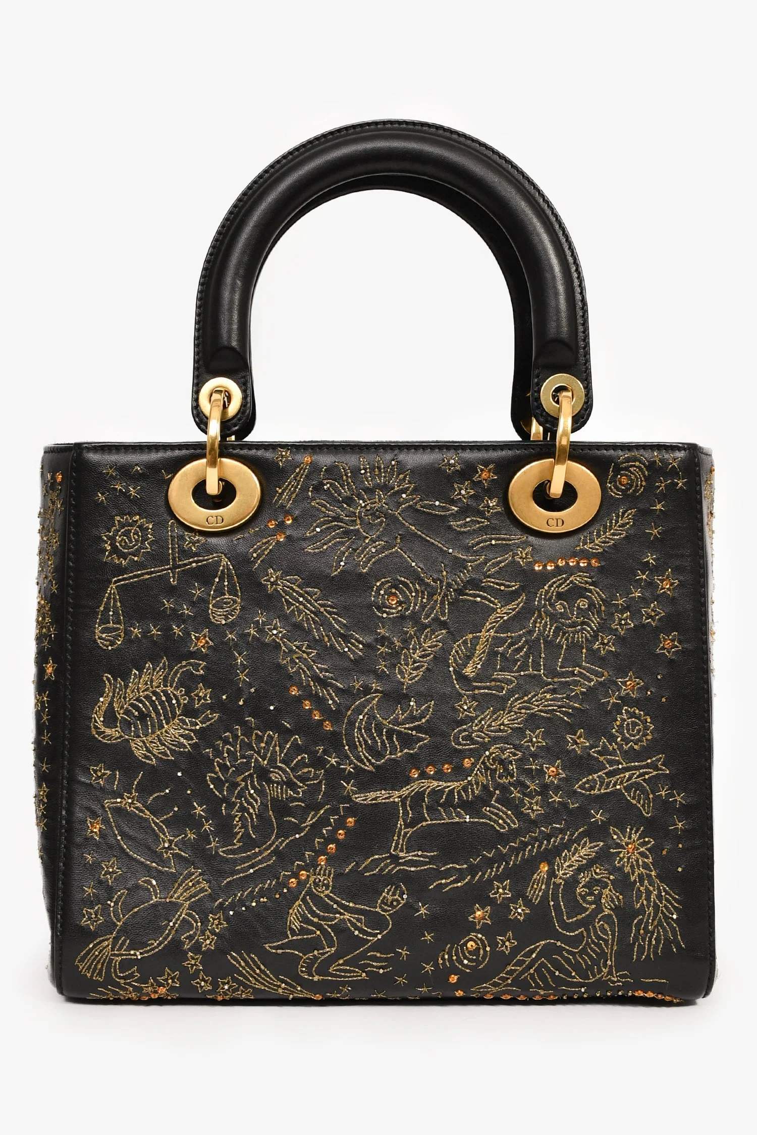 Christian Dior 2017 Black Leather Zodiac Embroidered Medium Lady D-Lite Bag with Strap - Image 2