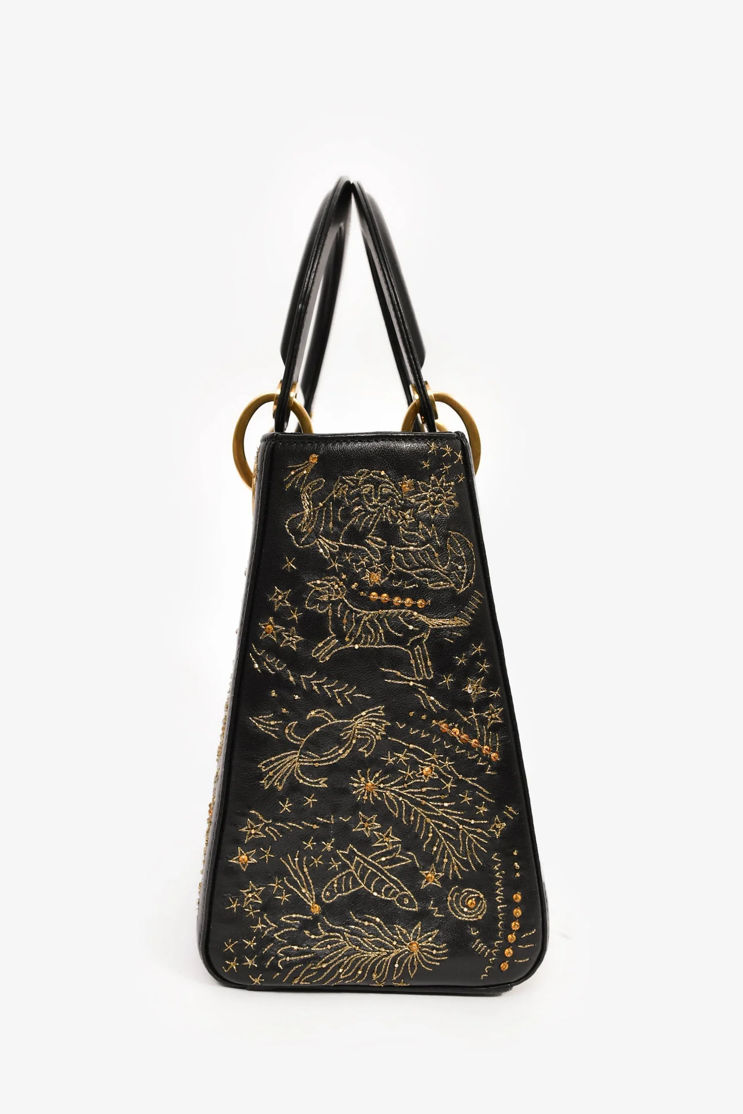 Christian Dior 2017 Black Leather Zodiac Embroidered Medium Lady D-Lite Bag with Strap - Image 3