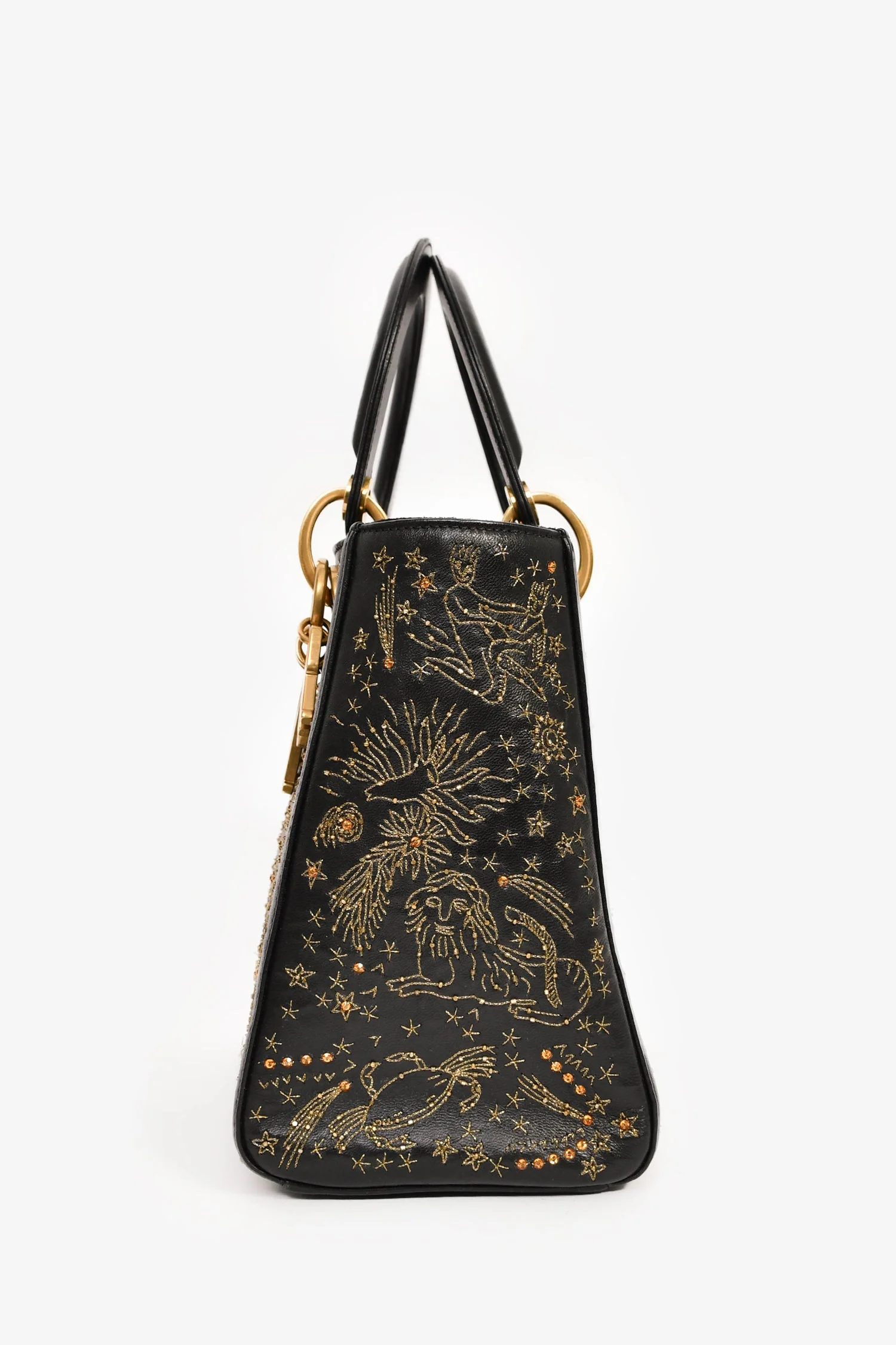 Christian Dior 2017 Black Leather Zodiac Embroidered Medium Lady D-Lite Bag with Strap - Image 4