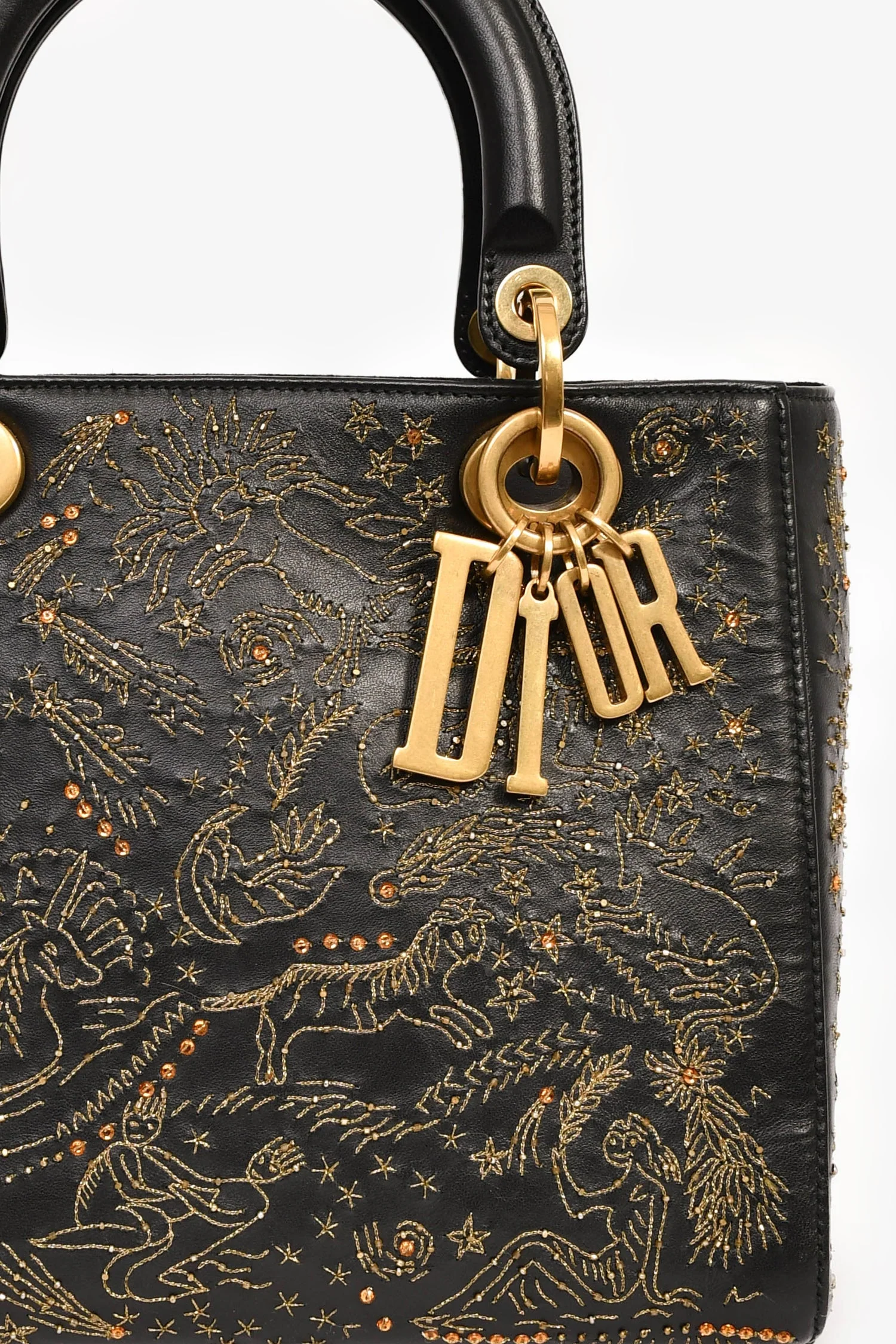 Christian Dior 2017 Black Leather Zodiac Embroidered Medium Lady D-Lite Bag with Strap - Image 6