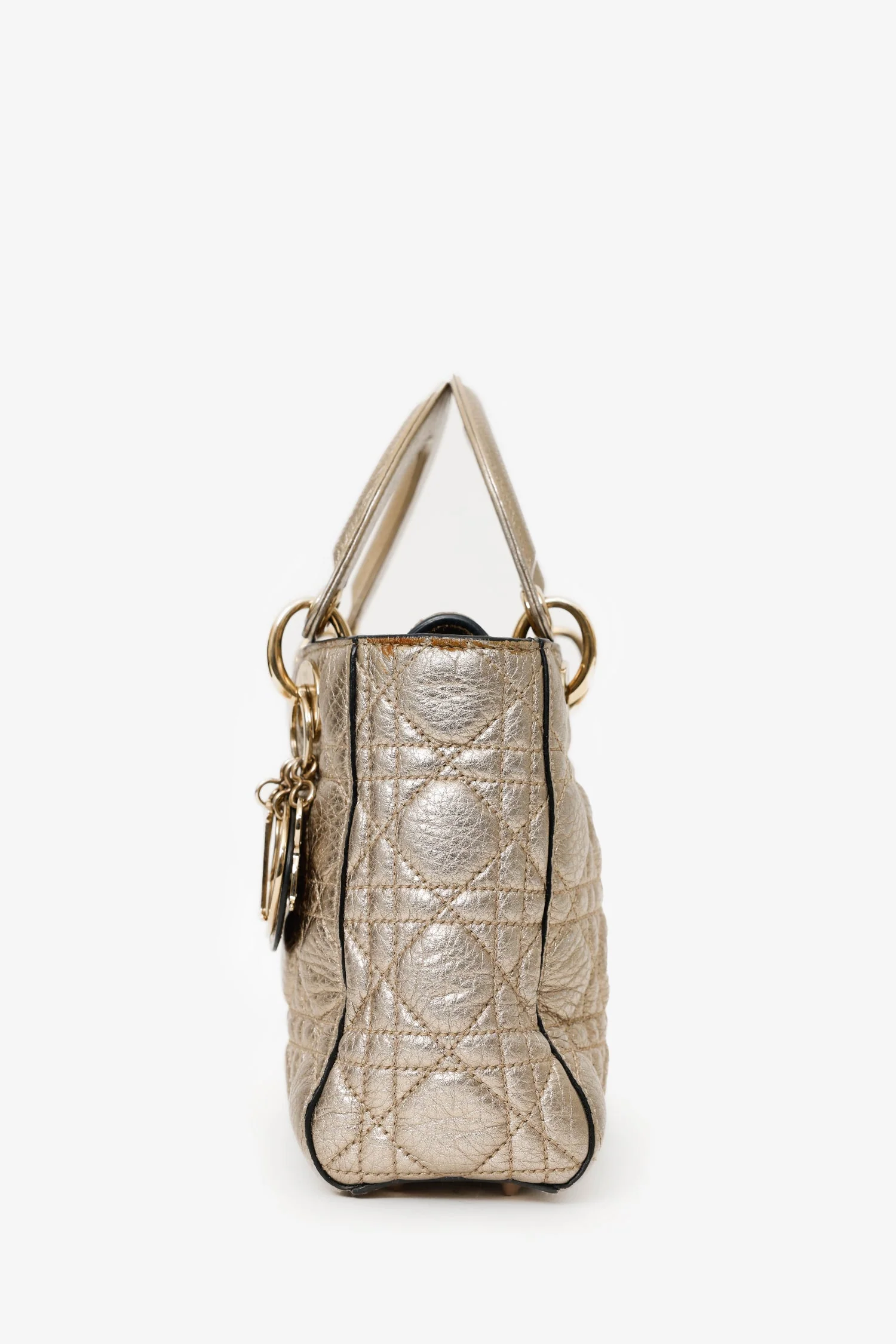 Christian Dior 2017 Gold Metallic Cannage Small Supple Lady Dior With Strap - Image 4