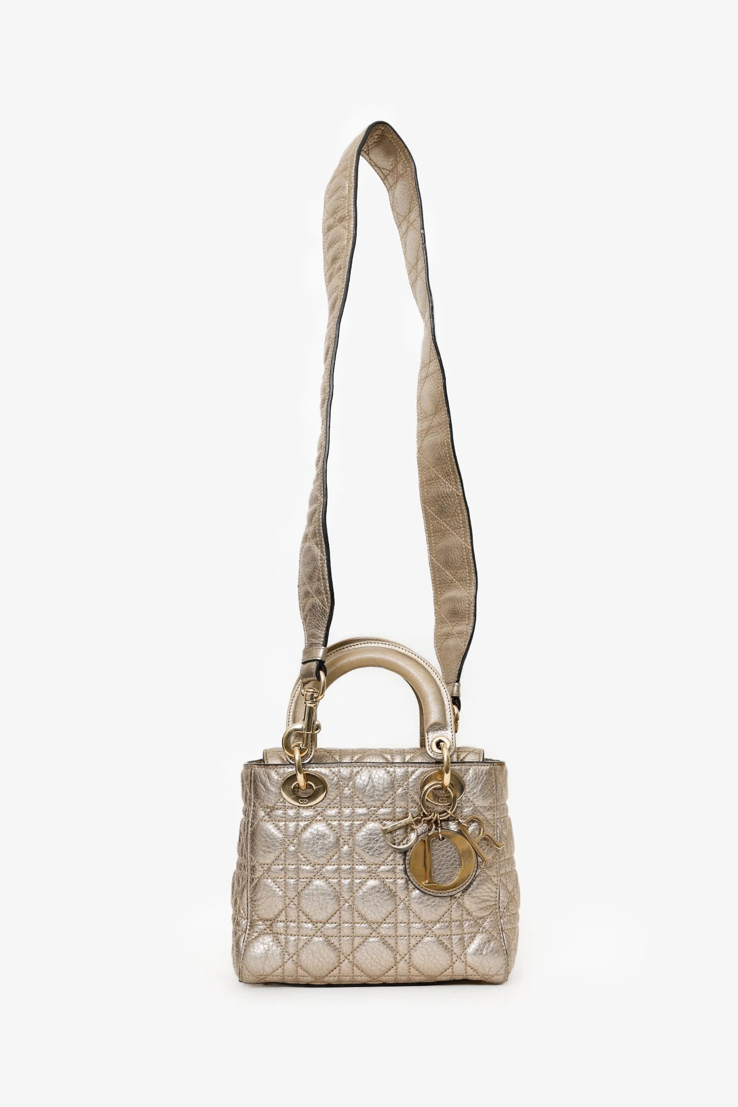 Christian Dior 2017 Gold Metallic Cannage Small Supple Lady Dior With Strap - Image 7