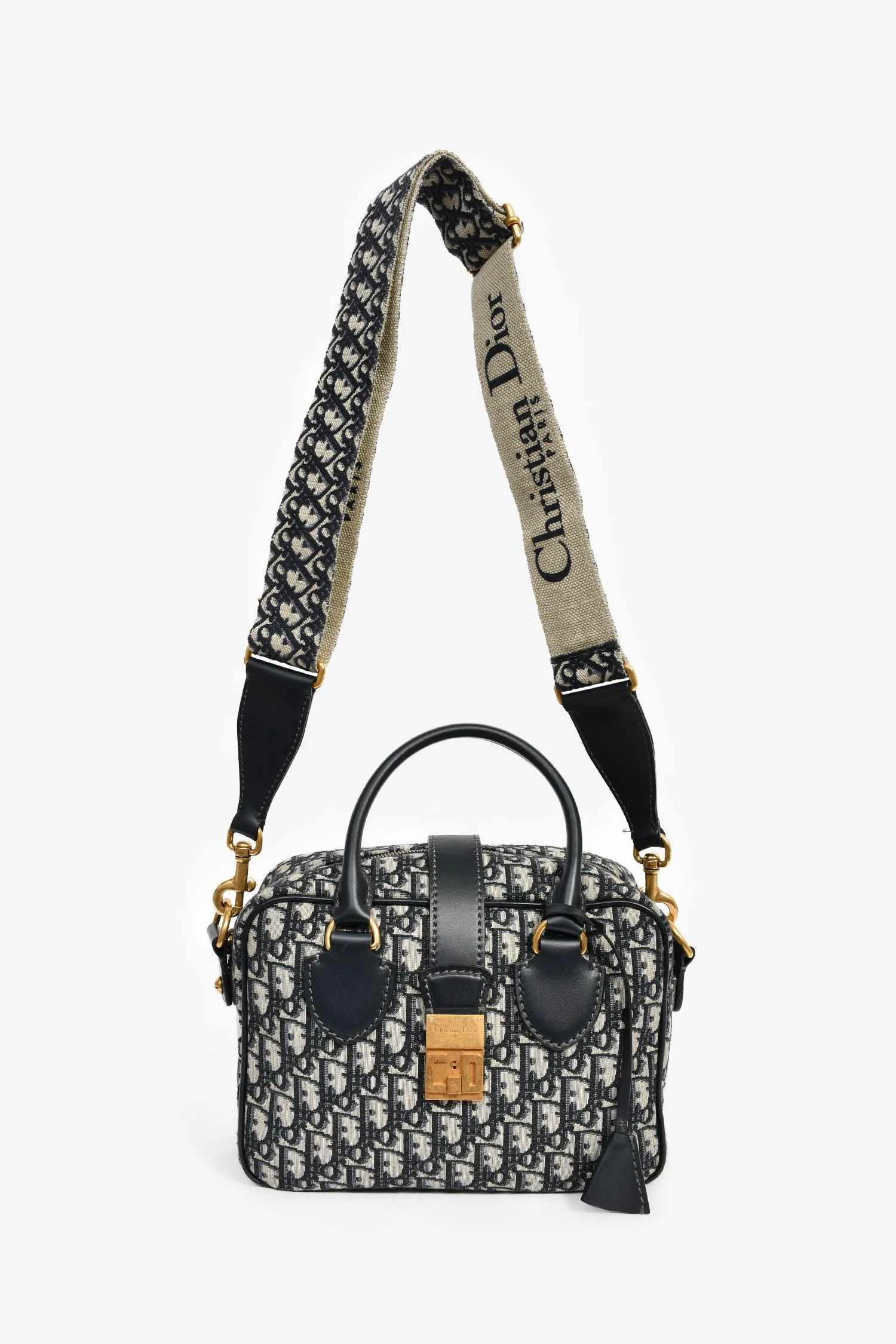 Christian Dior 2017 Navy Oblique Jacquard Bowling Bag with Strap - Image 8