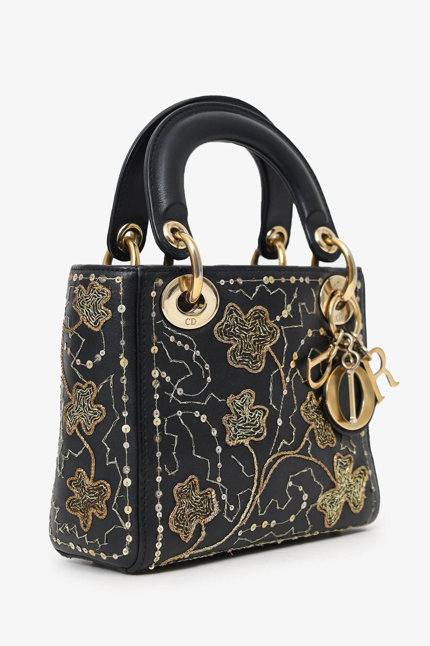 Christian Dior 2018 Black Leather Gold 'Clovers' Embroidered Mini Lady Dior - Image 2