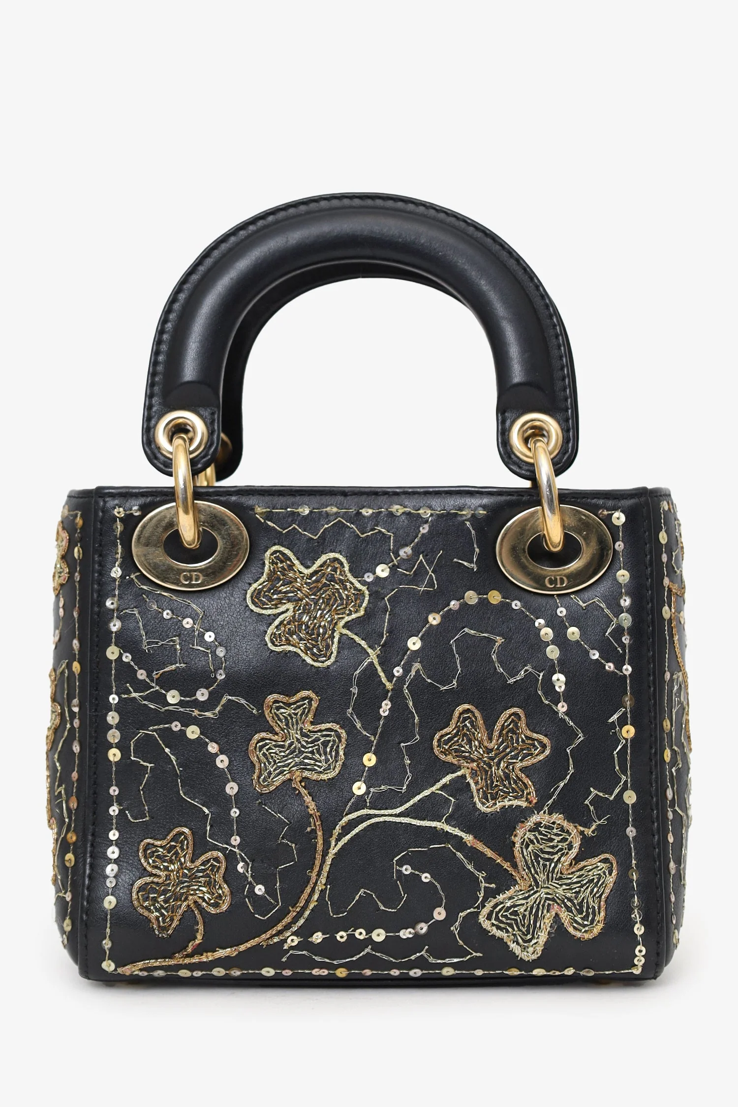 Christian Dior 2018 Black Leather Gold 'Clovers' Embroidered Mini Lady Dior - Image 3