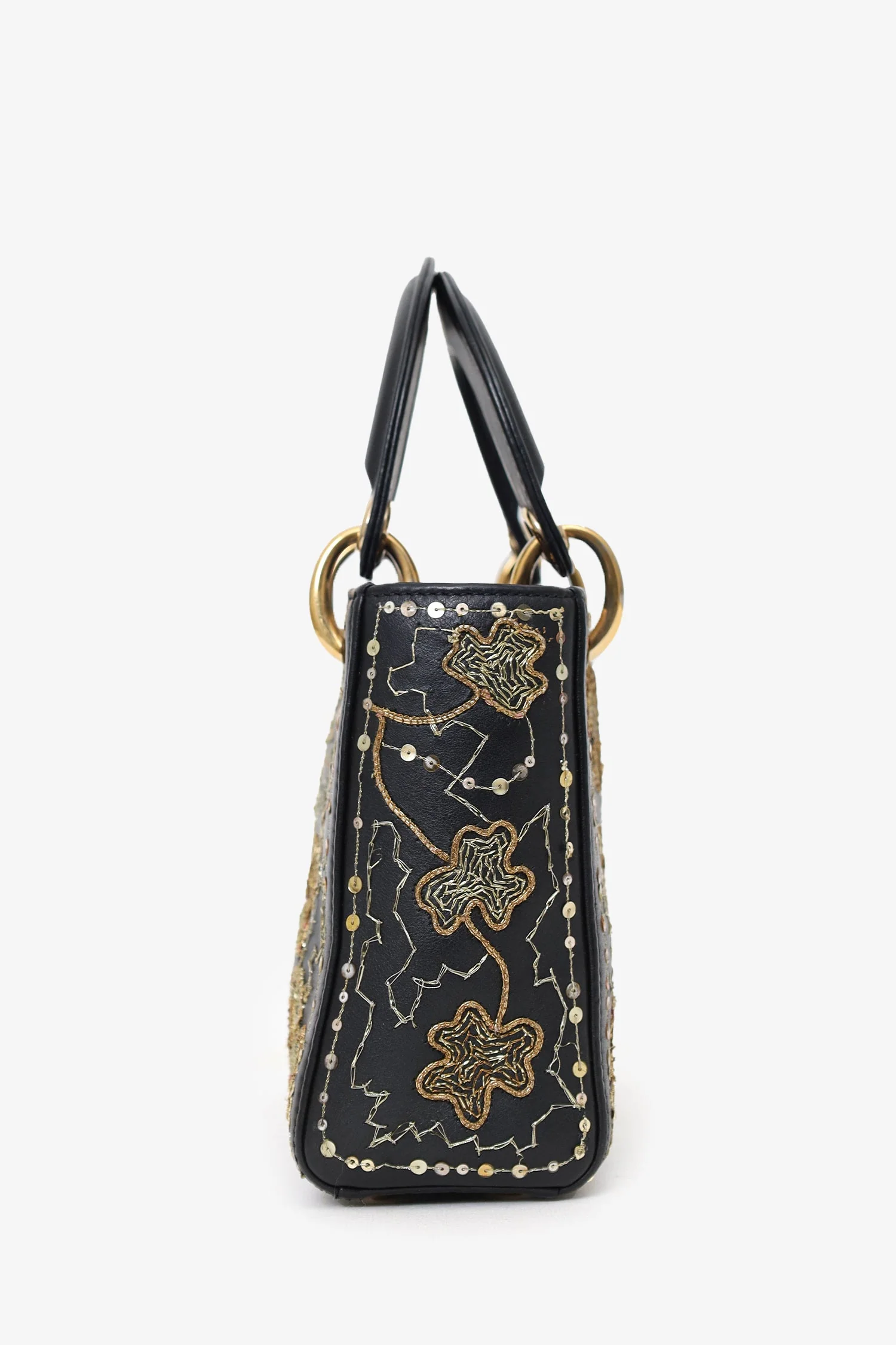 Christian Dior 2018 Black Leather Gold 'Clovers' Embroidered Mini Lady Dior - Image 4