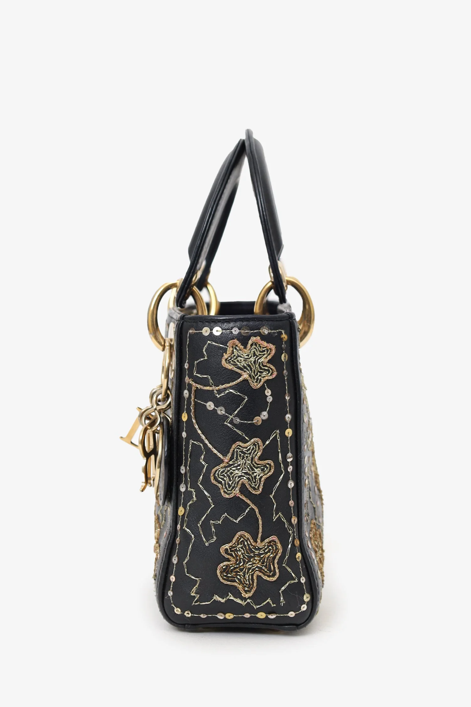 Christian Dior 2018 Black Leather Gold 'Clovers' Embroidered Mini Lady Dior - Image 5
