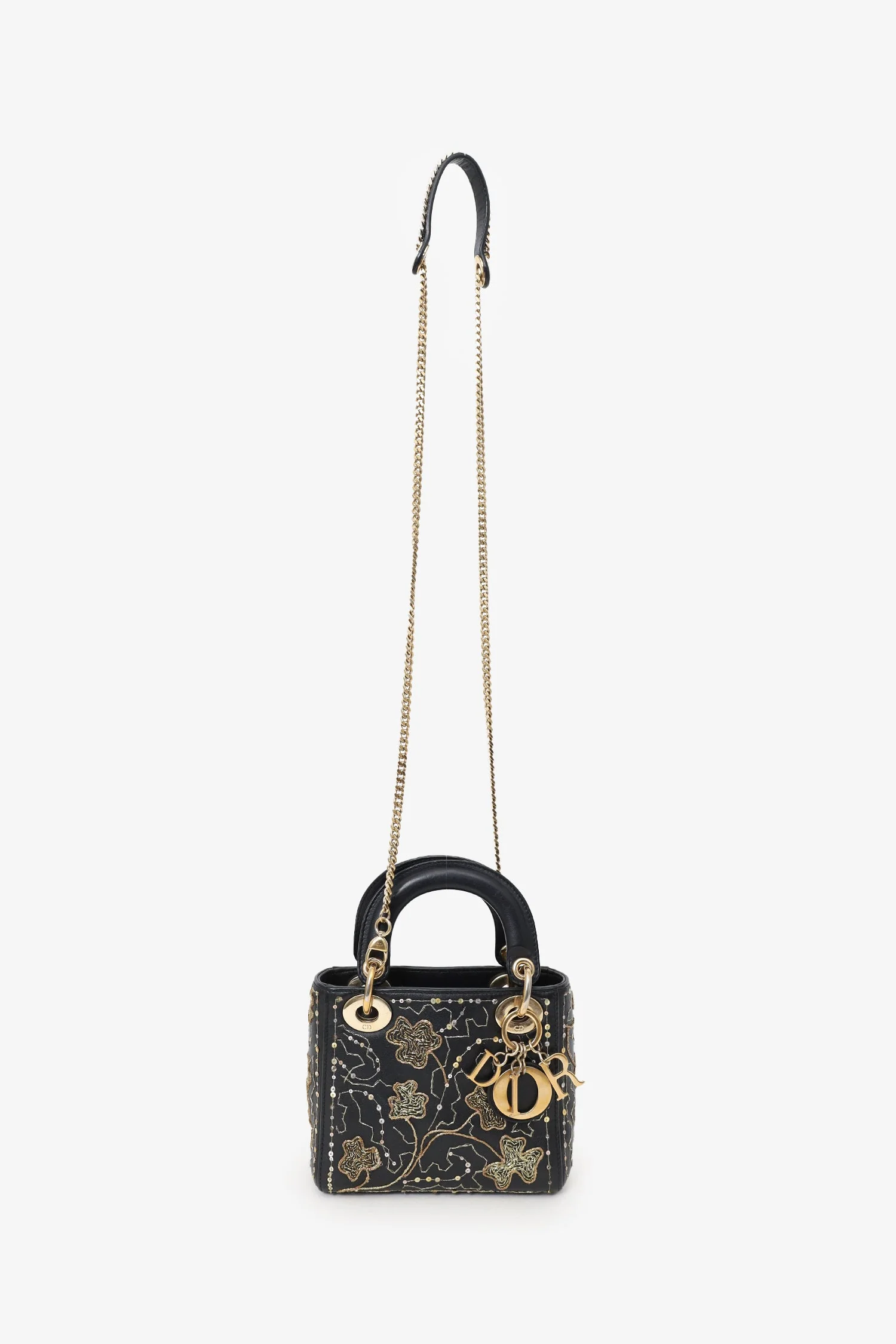 Christian Dior 2018 Black Leather Gold 'Clovers' Embroidered Mini Lady Dior - Image 7