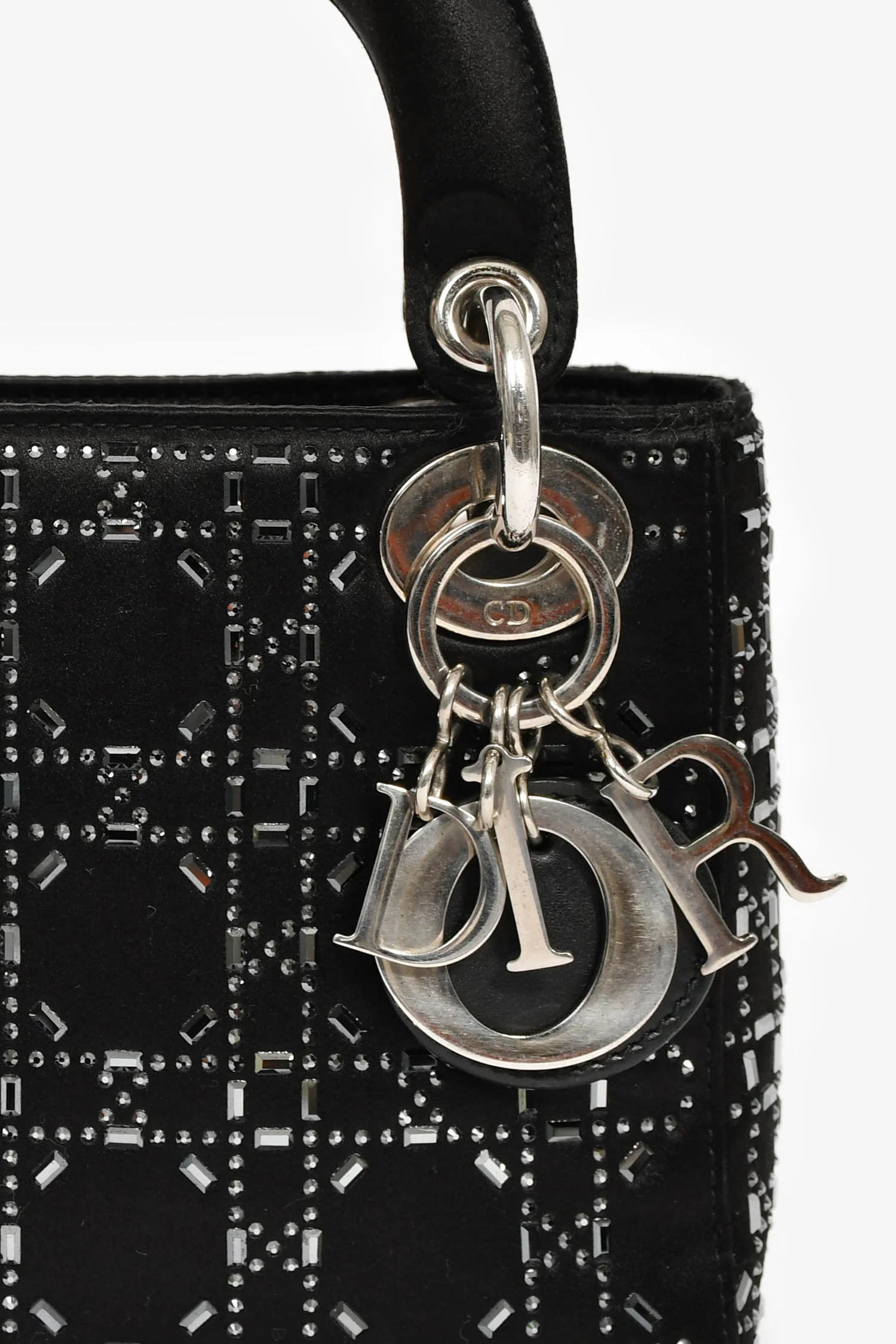 Christian Dior 2019 Black Satin Crystal Embellished Mini Lady Dior with Strap - Image 6