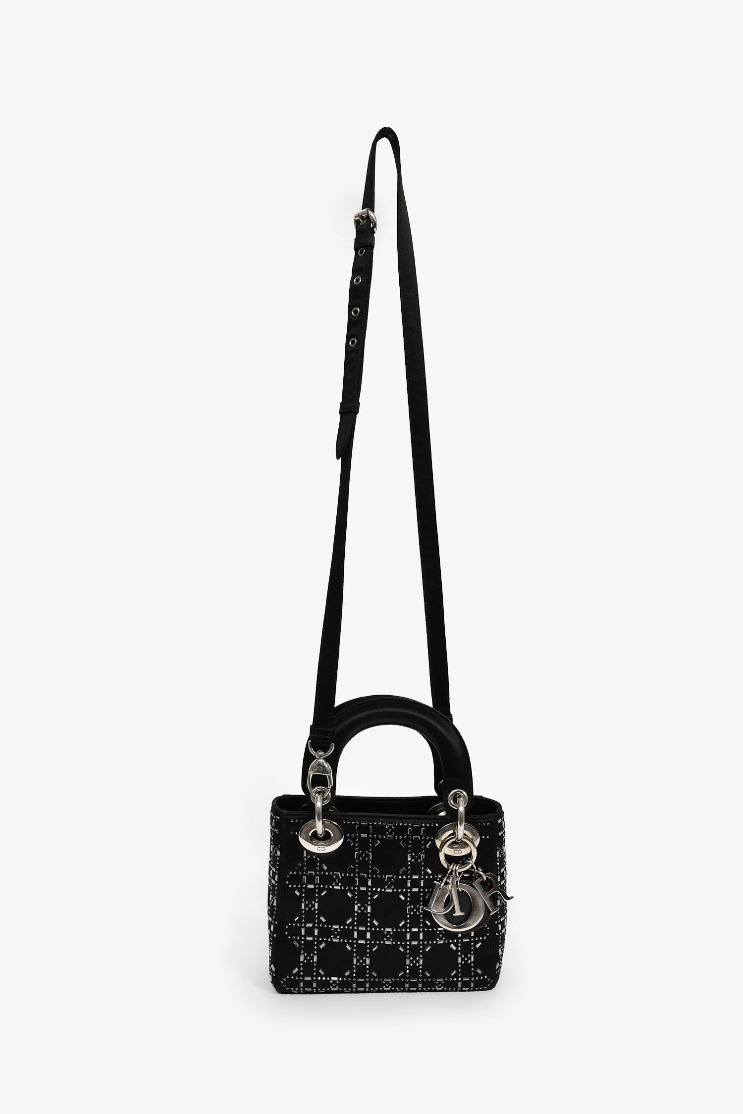 Christian Dior 2019 Black Satin Crystal Embellished Mini Lady Dior with Strap - Image 8
