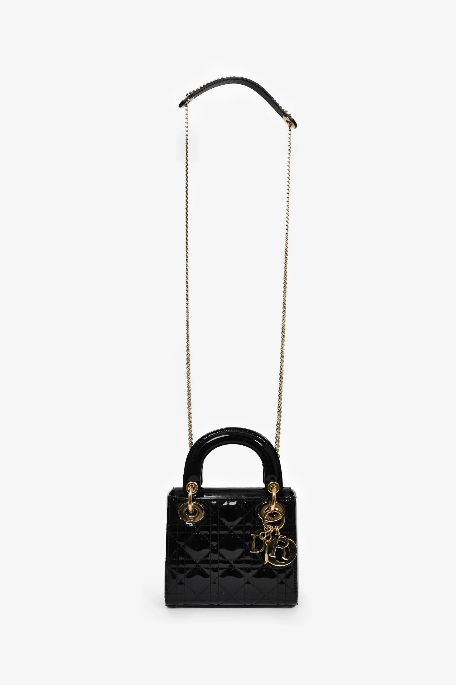 Christian Dior 2020 Black Patent Leather Mini Lady Dior Bag with Strap - Image 8