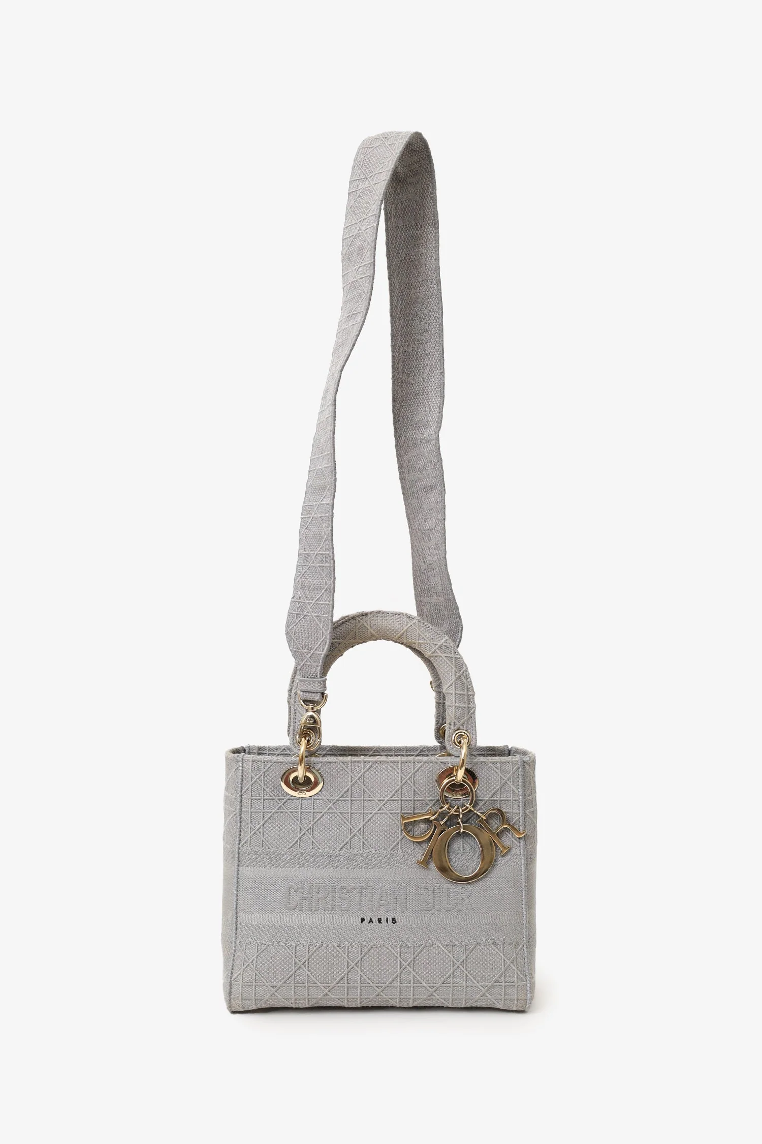 Christian Dior 2020 Grey Cannage Embroidered Canvas Medium Lady D-Lite With Strap - Image 7