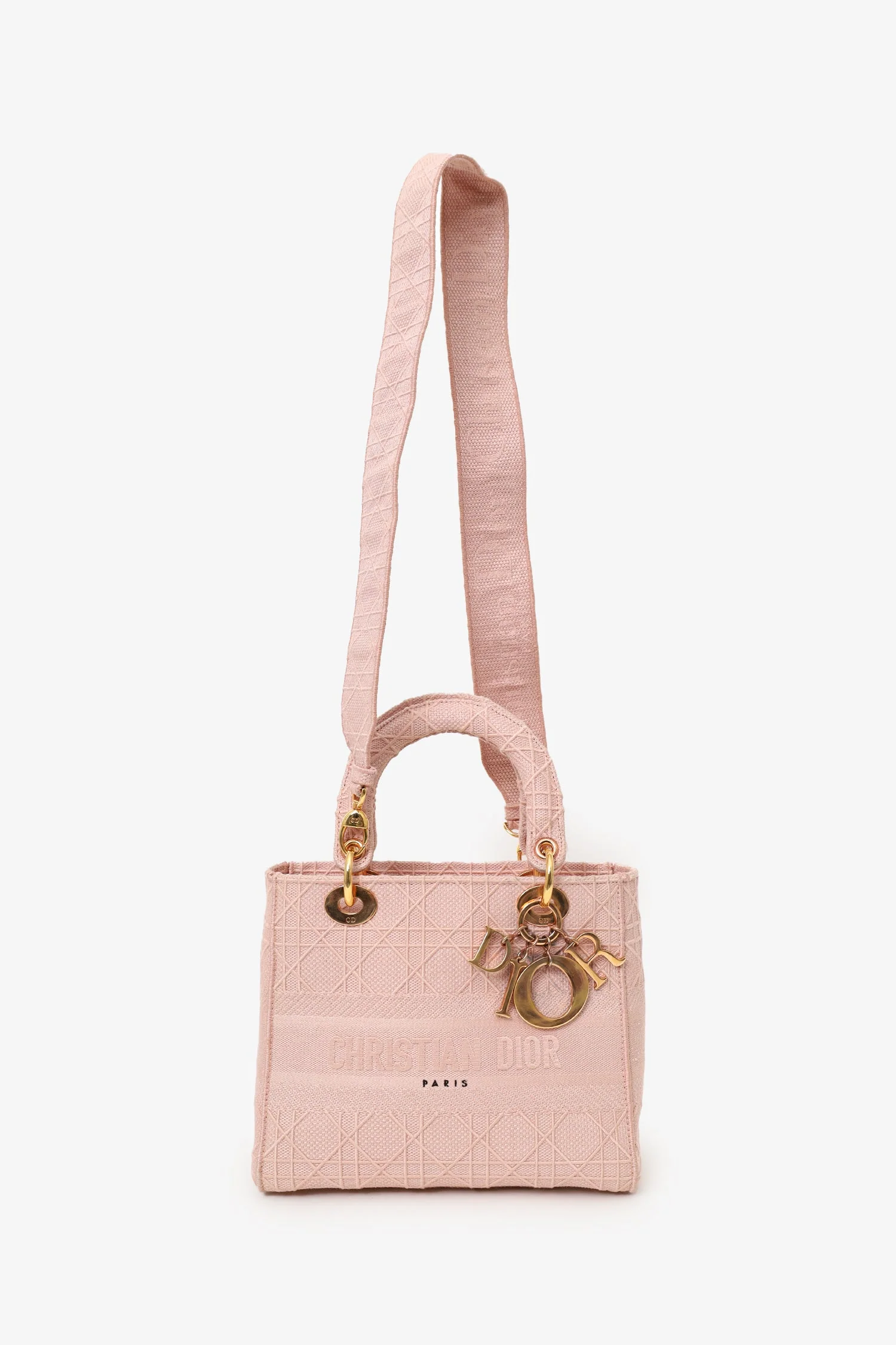 Christian Dior 2020 Pink Cannage Embroidered Canvas Medium Lady D-Lite With Strap - Image 6