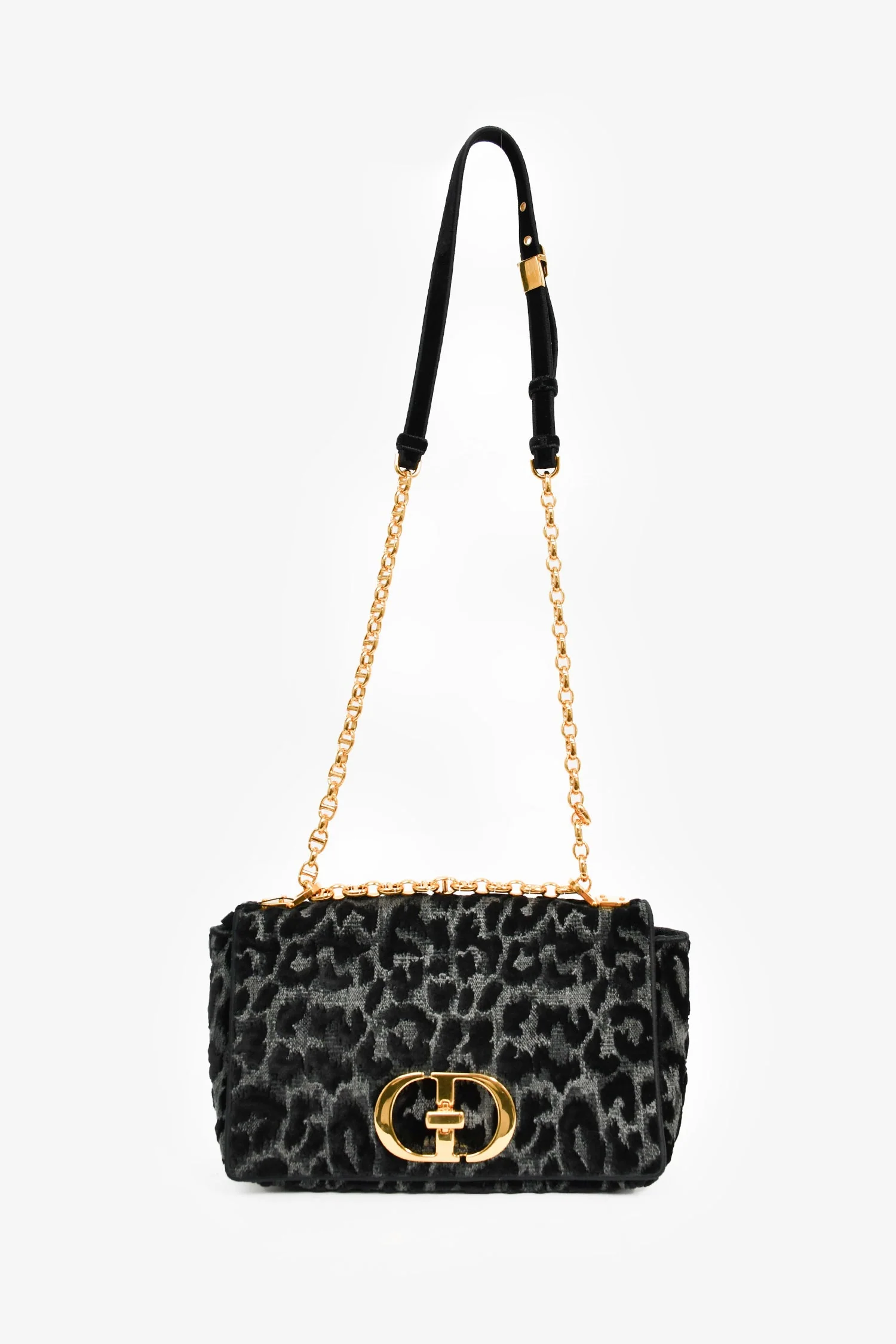 Christian Dior 2021 Black Grey Velvet Leopard Print Medium Caro Bag - Image 6