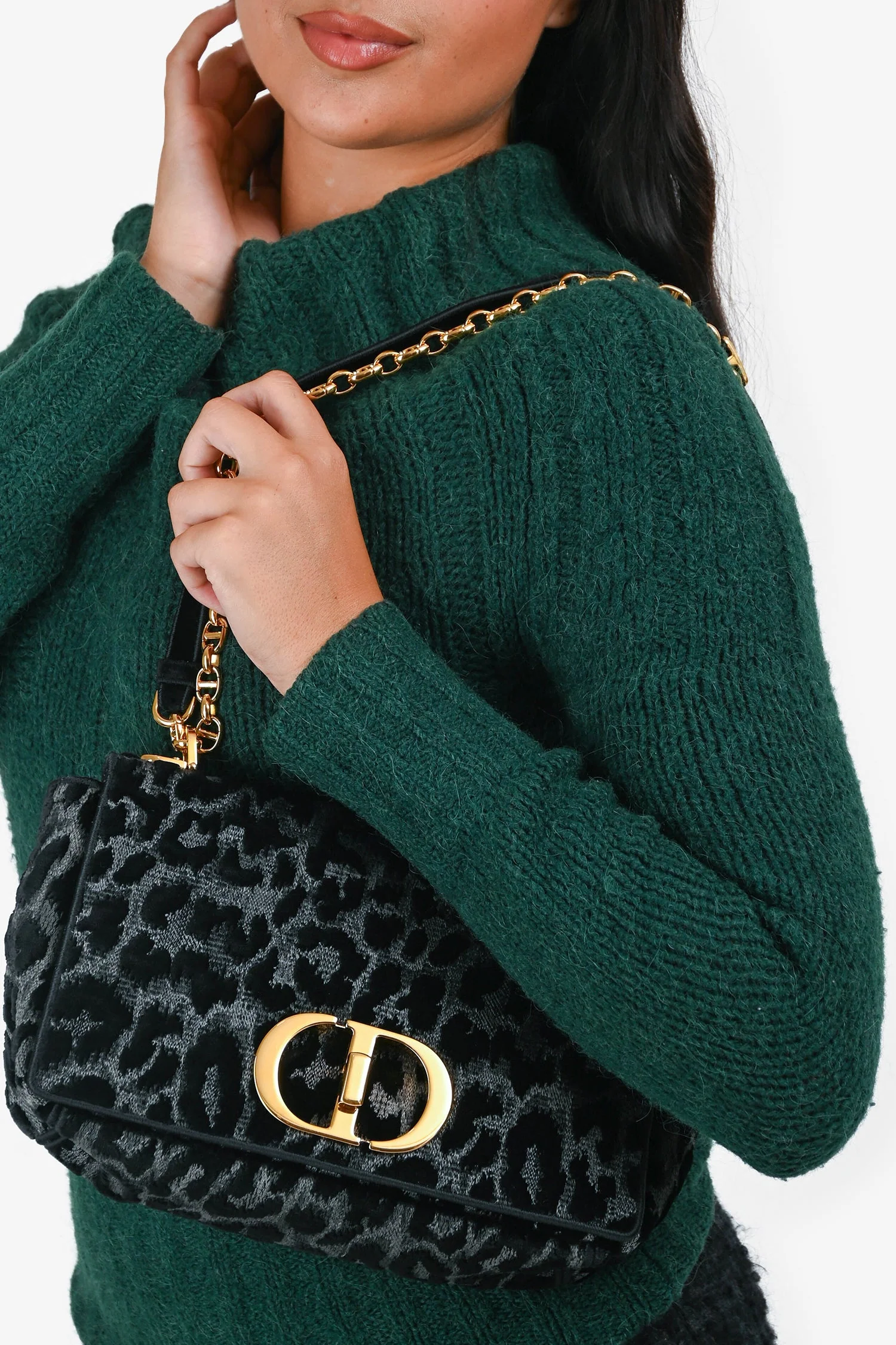 Christian Dior 2021 Black Grey Velvet Leopard Print Medium Caro Bag - Image 8