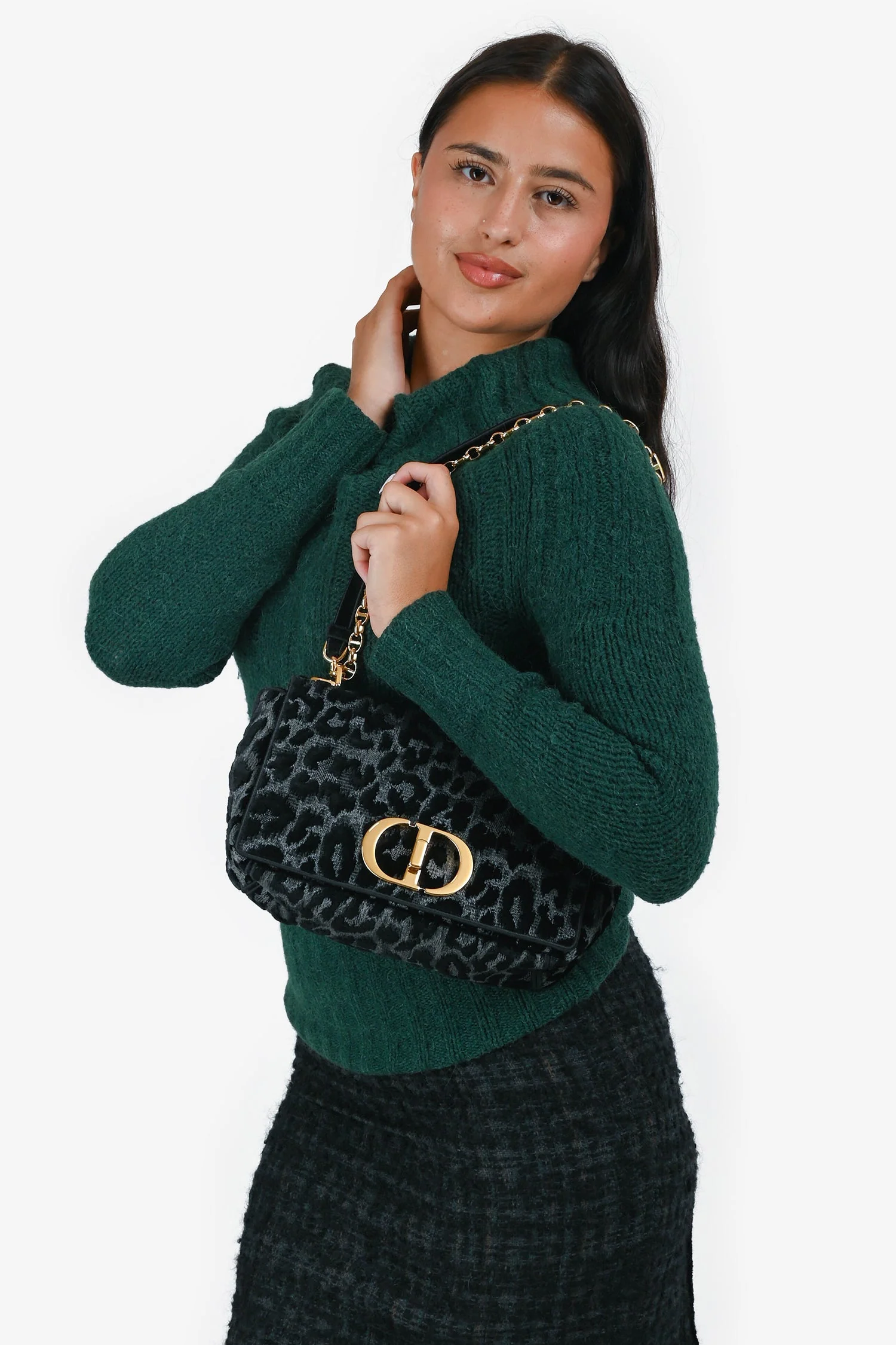 Christian Dior 2021 Black Grey Velvet Leopard Print Medium Caro Bag - Image 9