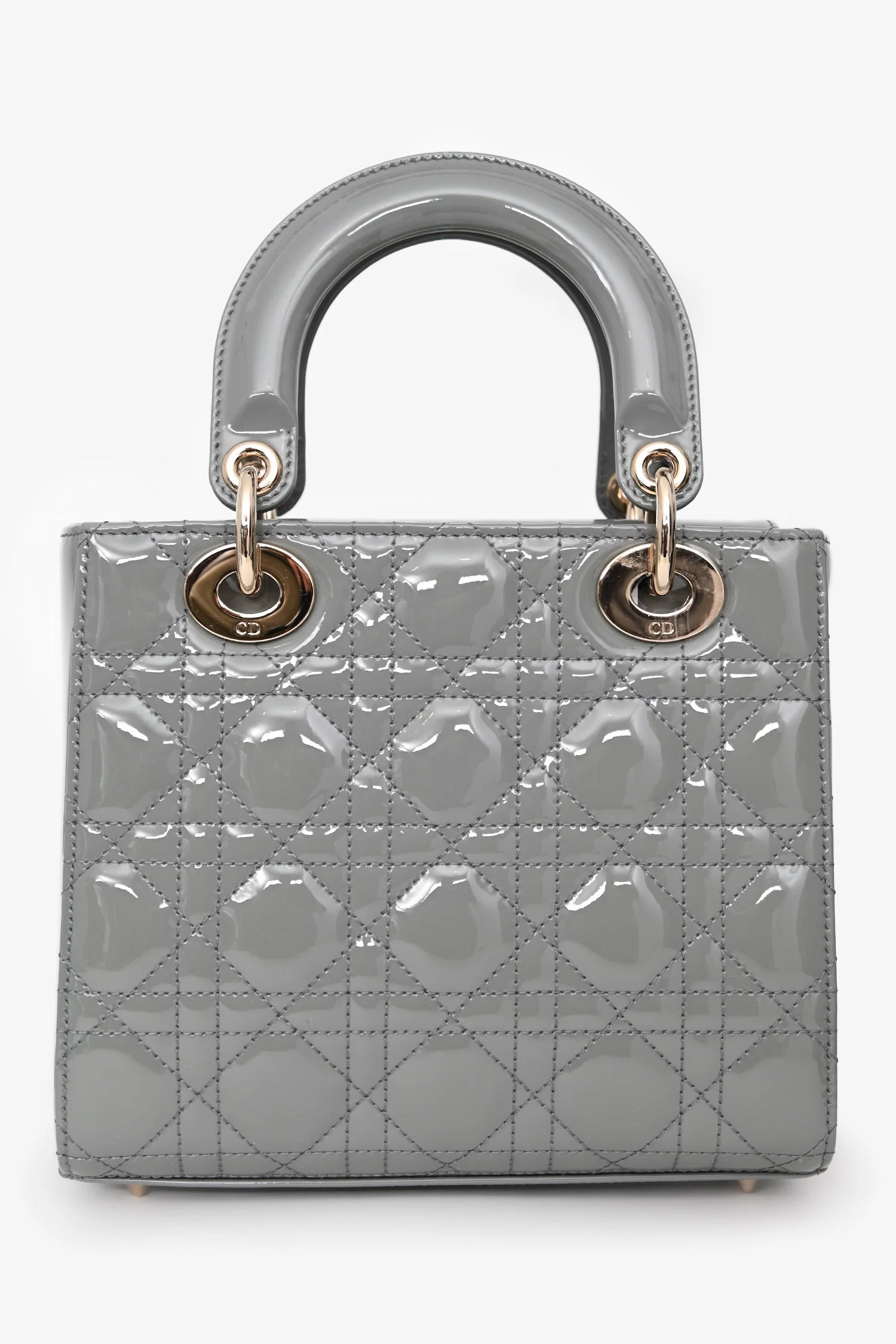 Christian Dior 2021 Grey Patent Leather Small Lady Dior Top Handle With Strap - Image 2