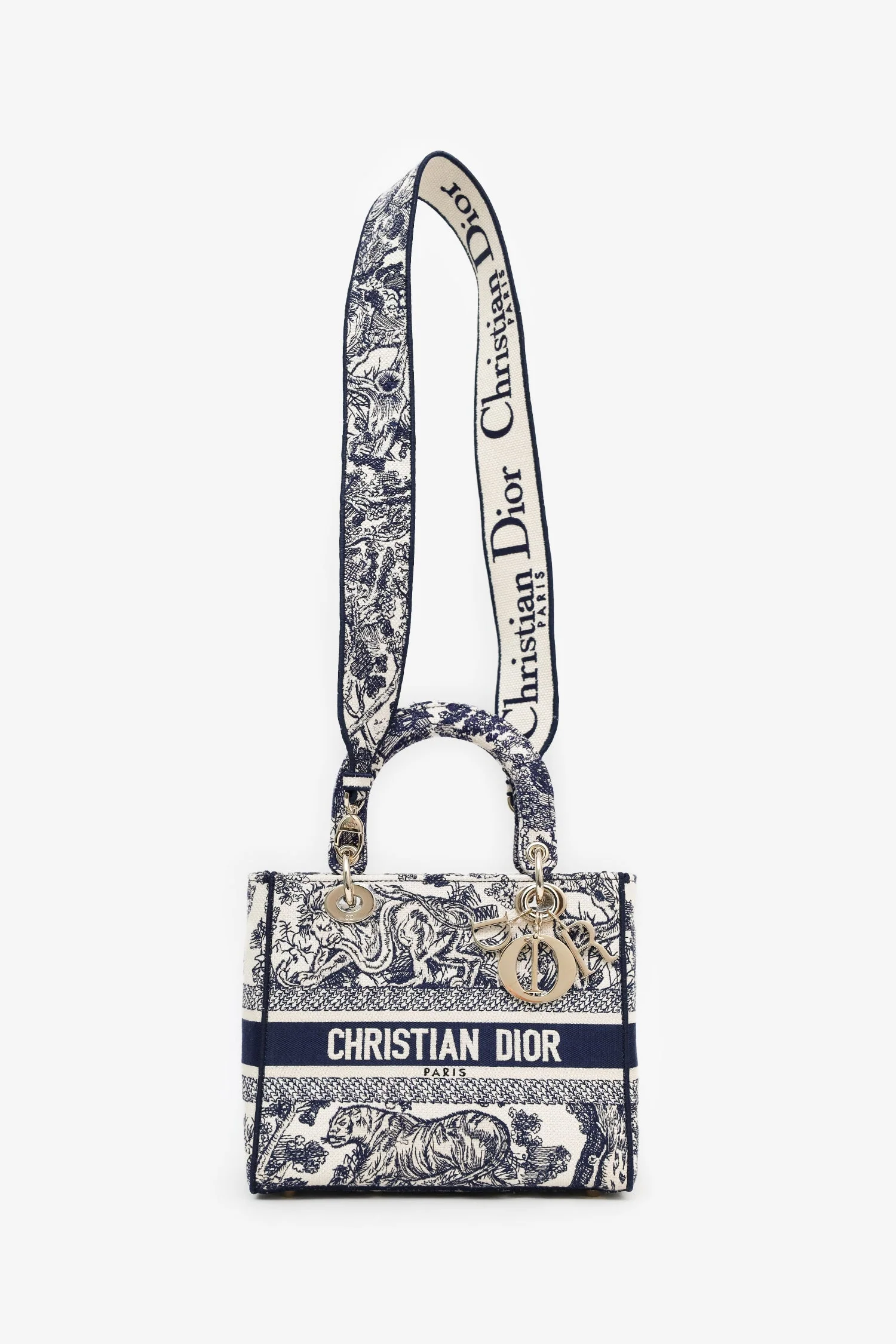 Christian Dior 2022 Navy/White Jacquard D-Lite Medium Top Handle With Strap - Image 6
