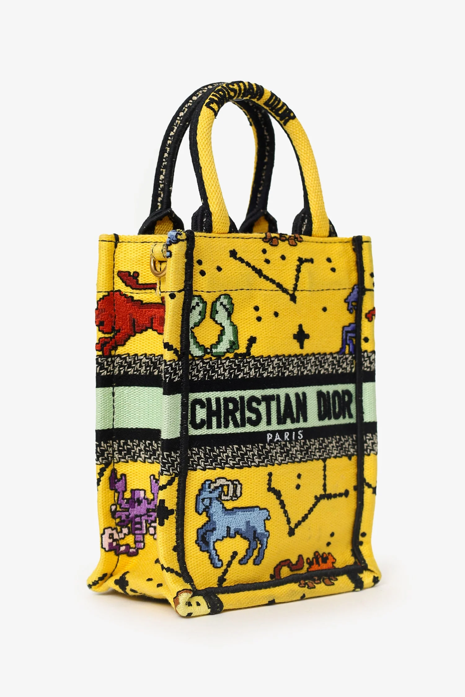 Christian Dior 2022 Yellow Canvas Embroidered Pixel Zodiac Mini Book Tote Phone Bag With Strap - Image 2