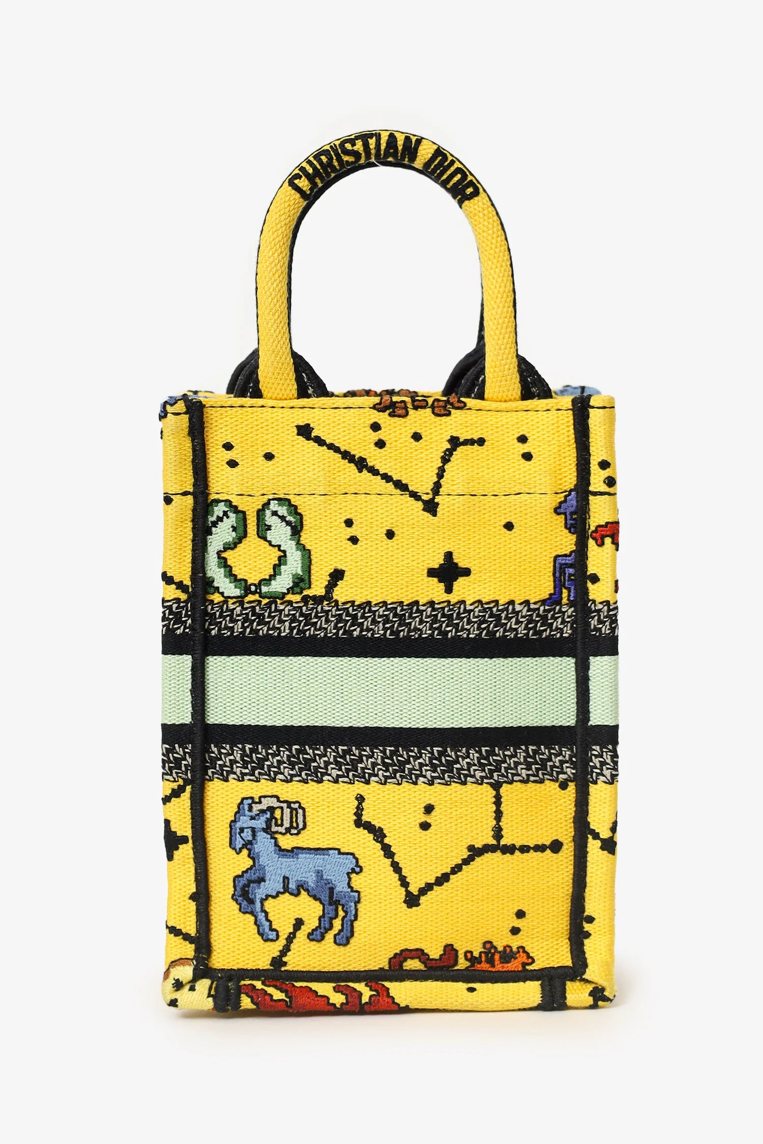 Christian Dior 2022 Yellow Canvas Embroidered Pixel Zodiac Mini Book Tote Phone Bag With Strap - Image 3