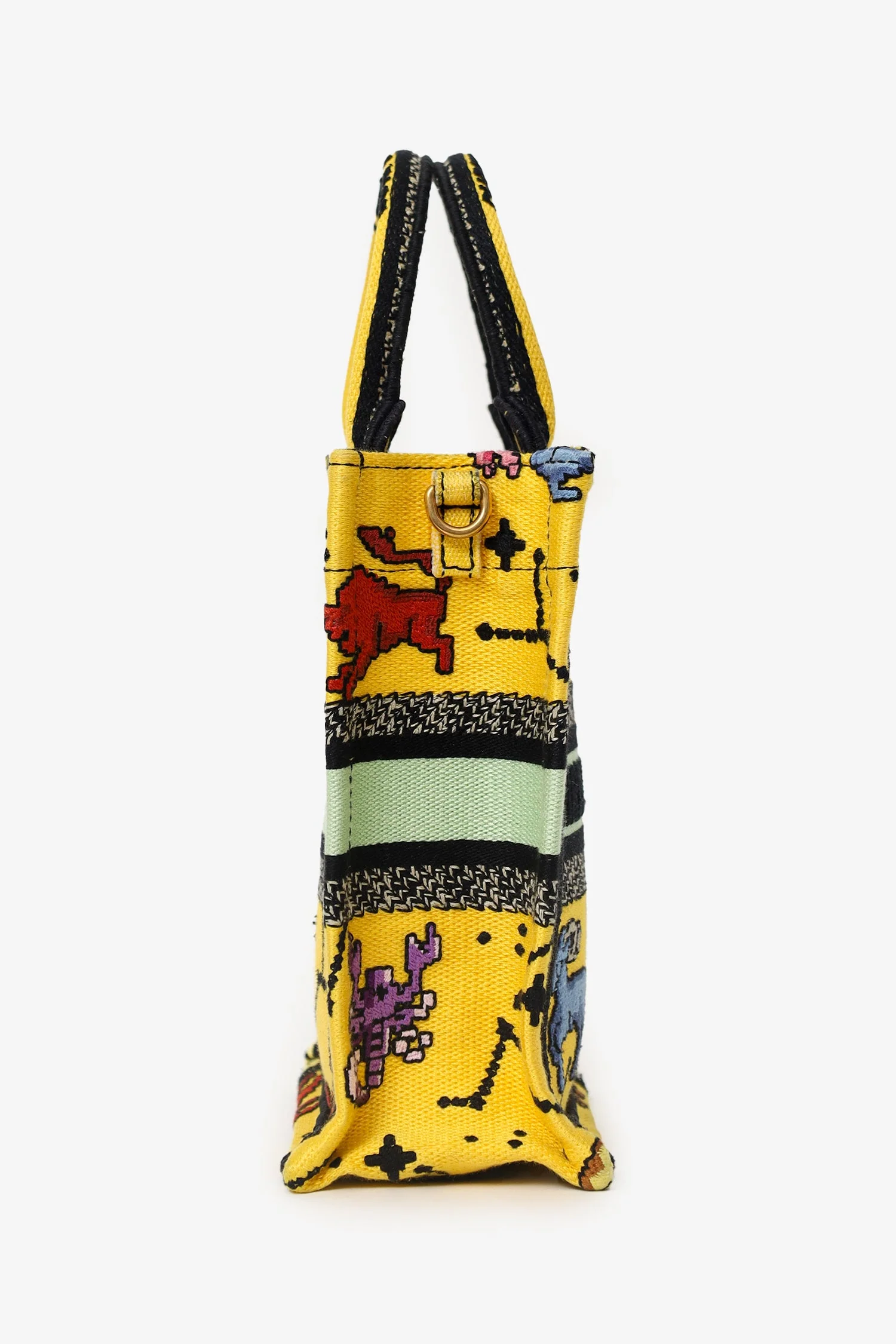 Christian Dior 2022 Yellow Canvas Embroidered Pixel Zodiac Mini Book Tote Phone Bag With Strap - Image 4