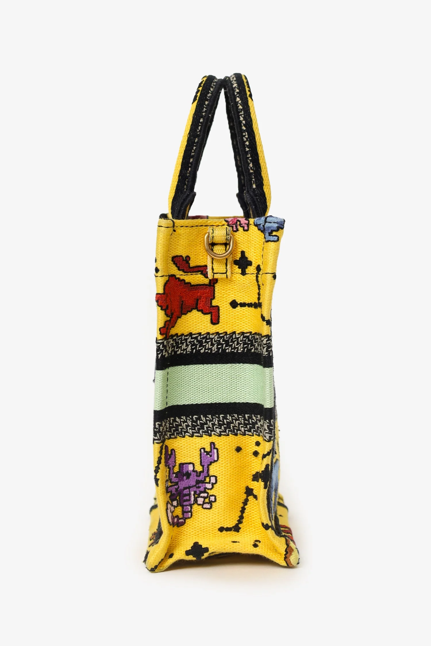 Christian Dior 2022 Yellow Canvas Embroidered Pixel Zodiac Mini Book Tote Phone Bag With Strap - Image 5