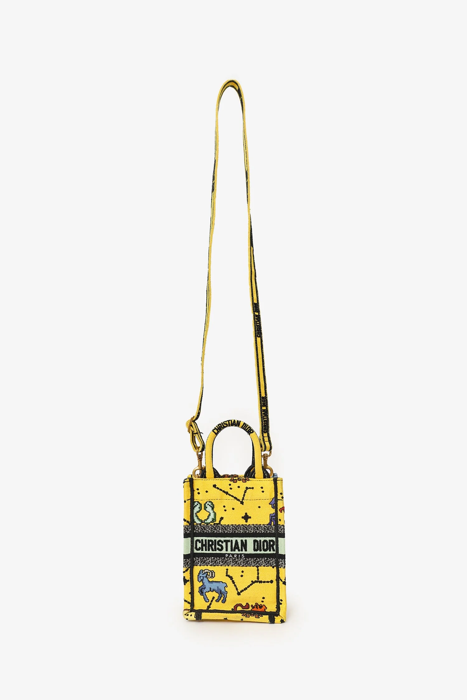 Christian Dior 2022 Yellow Canvas Embroidered Pixel Zodiac Mini Book Tote Phone Bag With Strap - Image 7