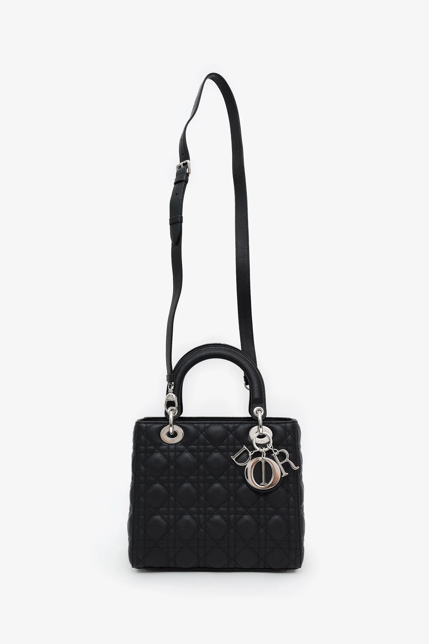 Christian Dior 2023 Black Grained Cannage Calfskin Medium Lady Dior Bag With Strap - Image 7