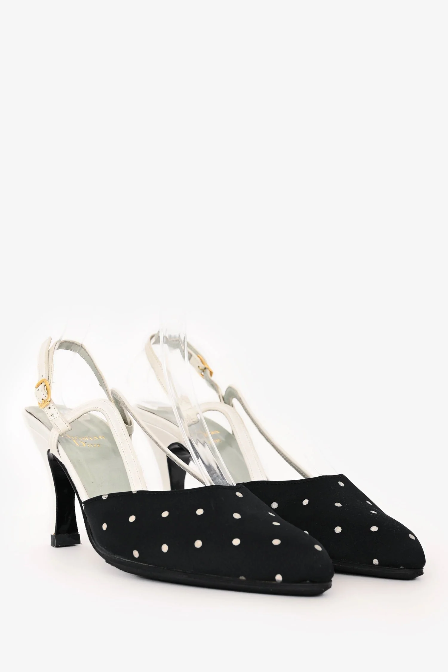 Christian Dior Black/White Satin/Leather Polka Dot Slingback Heels Size 5 - Image 2