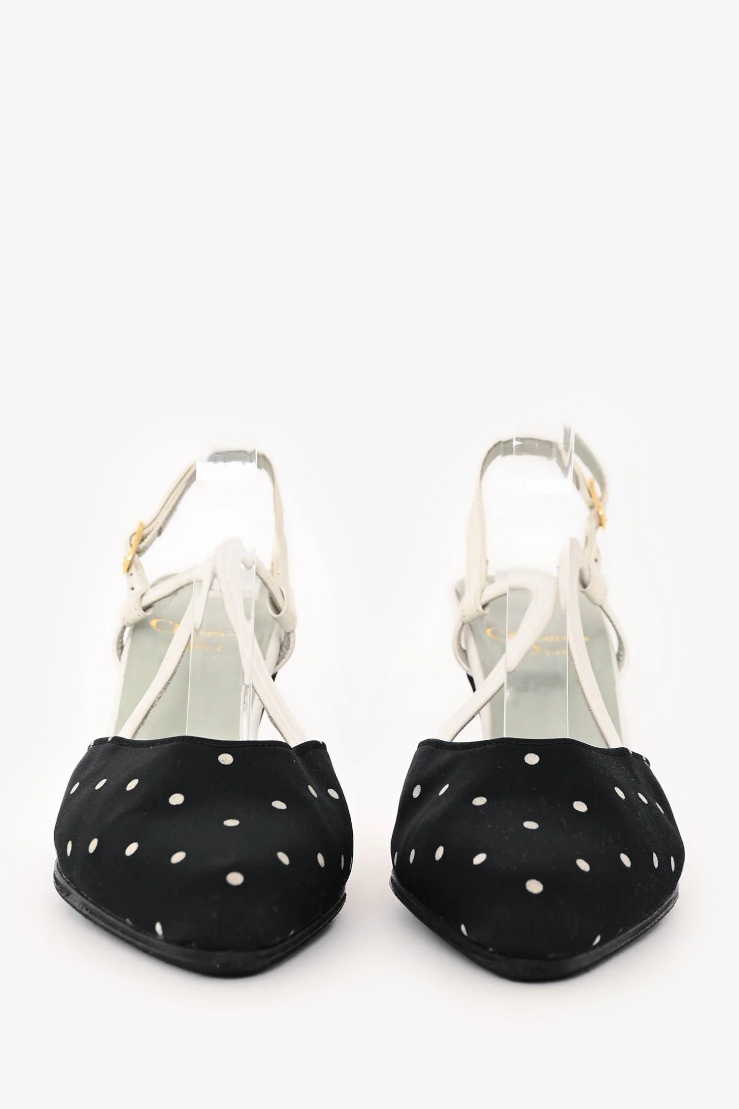 Christian Dior Black/White Satin/Leather Polka Dot Slingback Heels Size 5 - Image 3